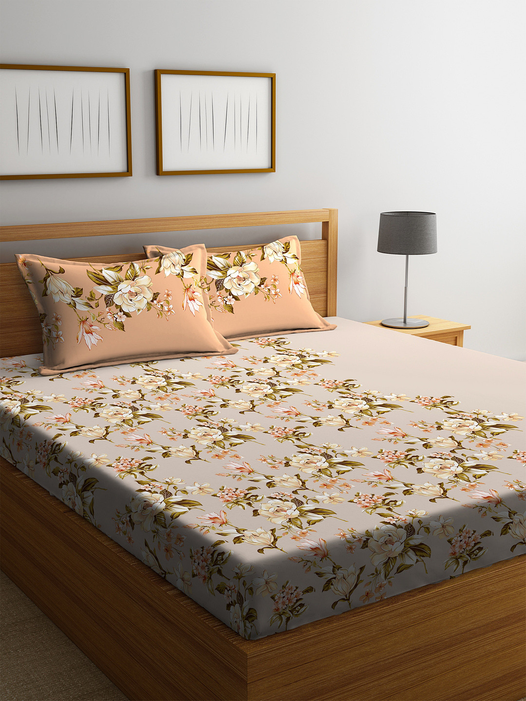 Buy Portico New York Beige Floral 210 TC Cotton 1 Queen Bedsheet With 2