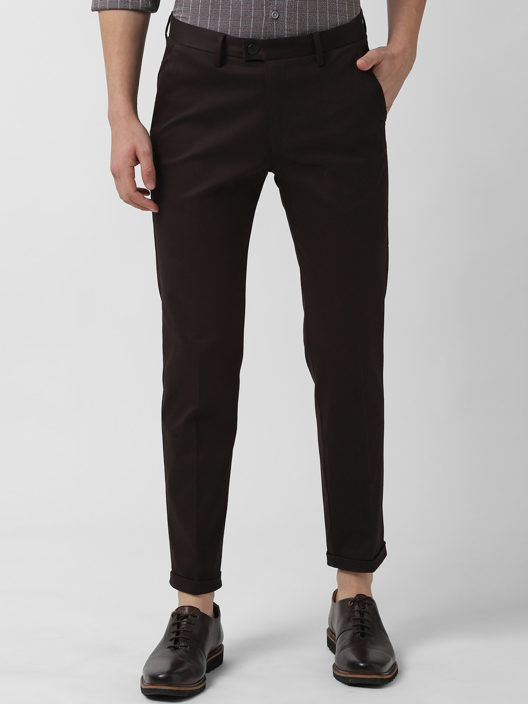 Buy Peter England Men Brown Slim Fit Solid Regular Trousers Trousers