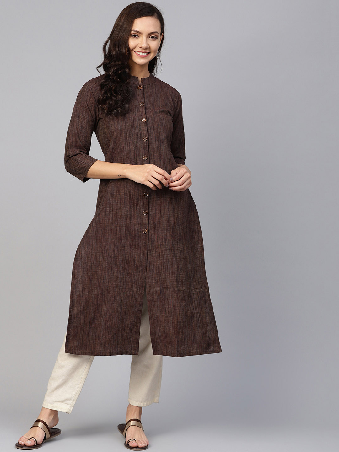 Buy Jompers Women Coffee Brown & Blue Woven Design Straight Kurta ...