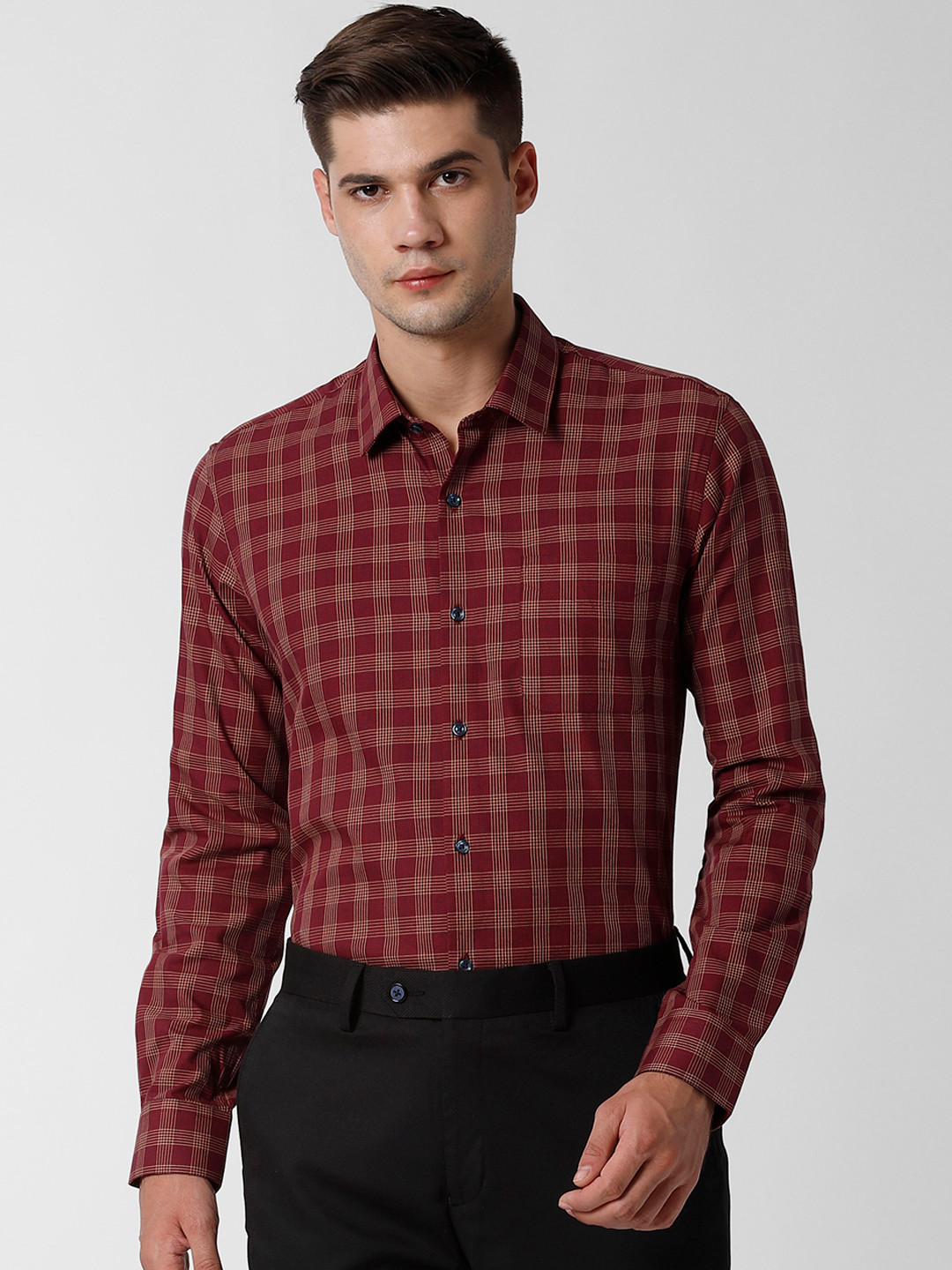 Buy Peter England Men Maroon & Beige Slim Fit Checked Formal Shirt