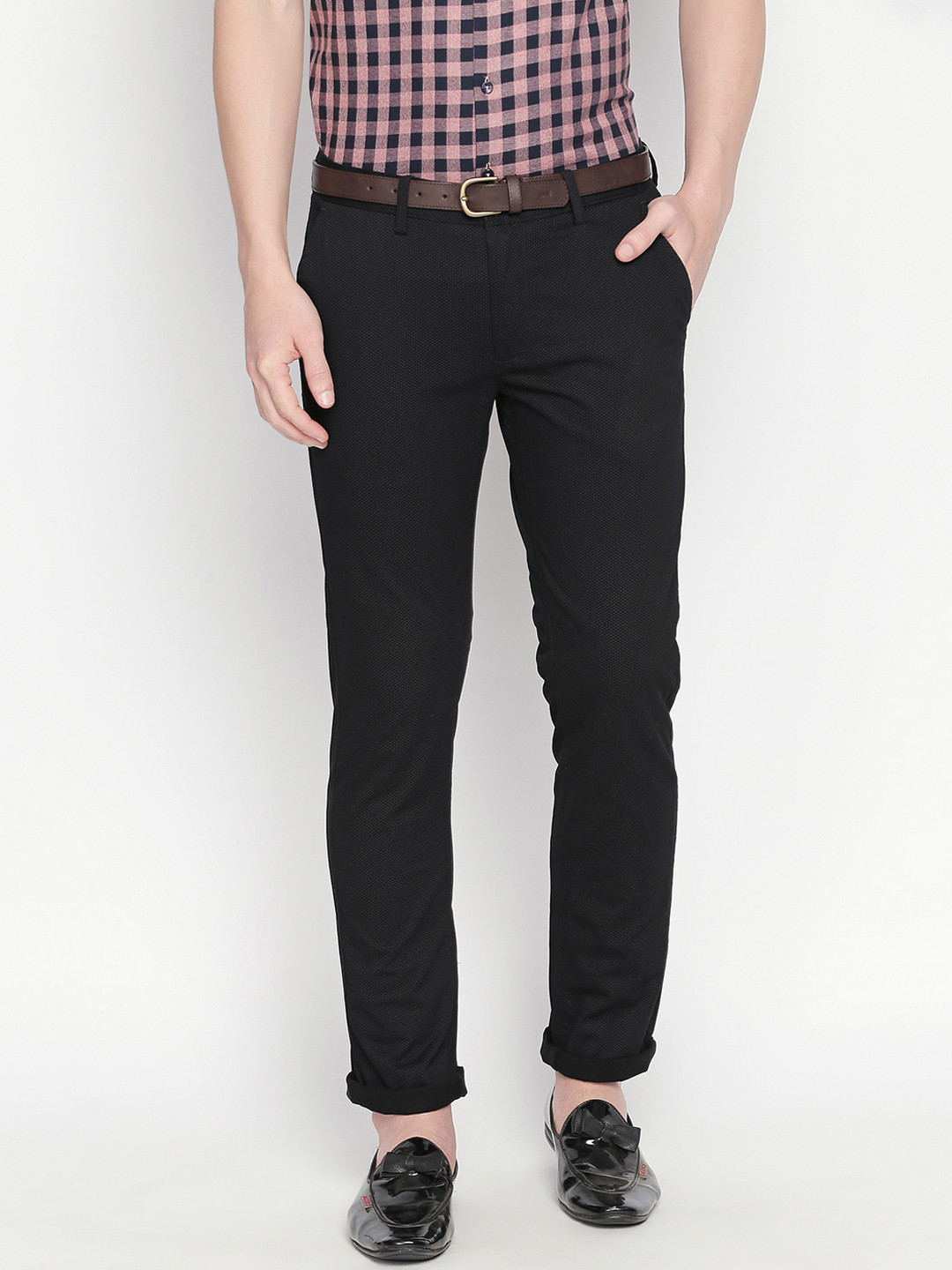 Buy Basics Men Black Tapered Fit Printed Chinos Trousers for Men