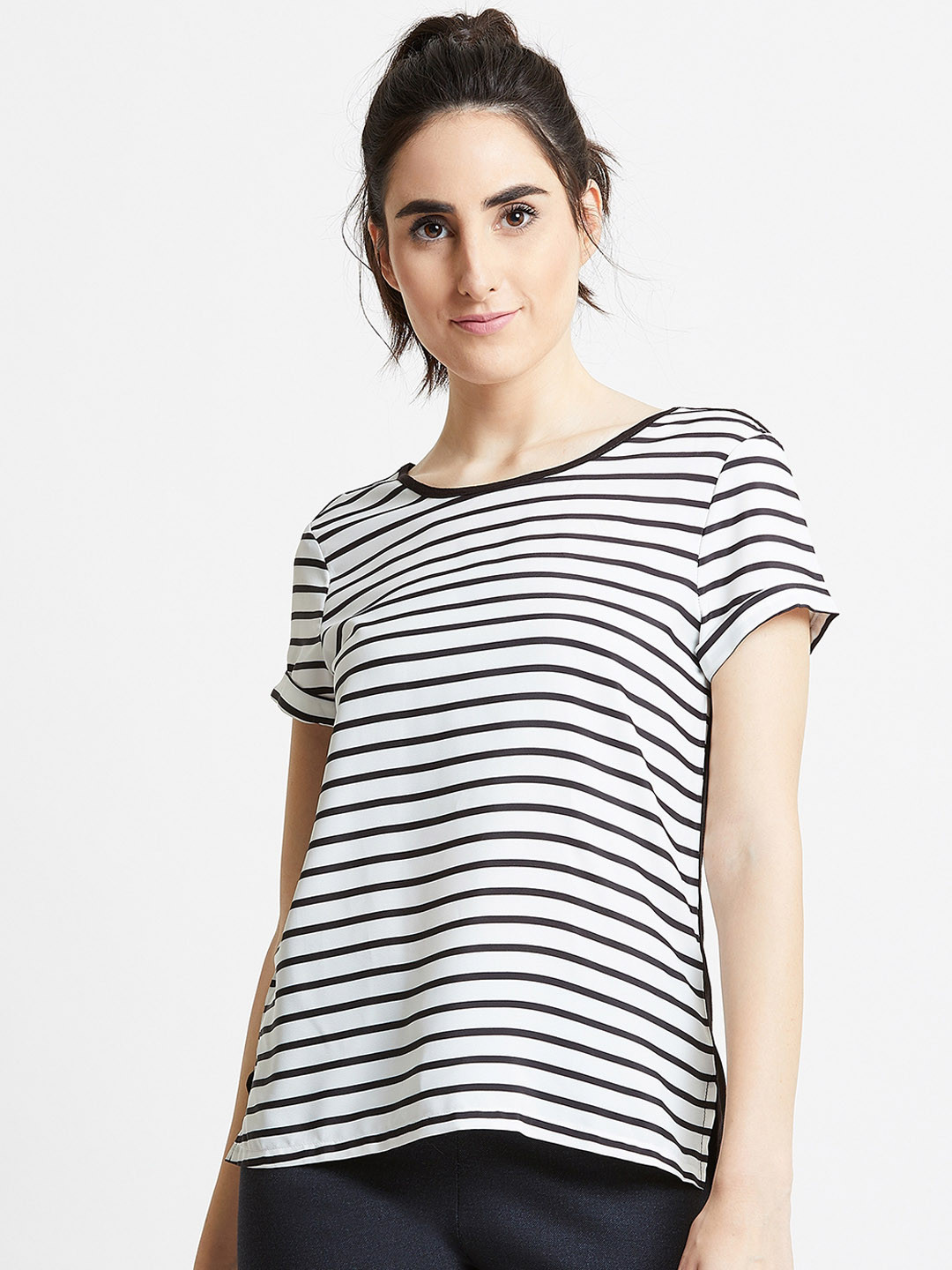 Buy COVER STORY Women White & Black Striped Round Neck T Shirt