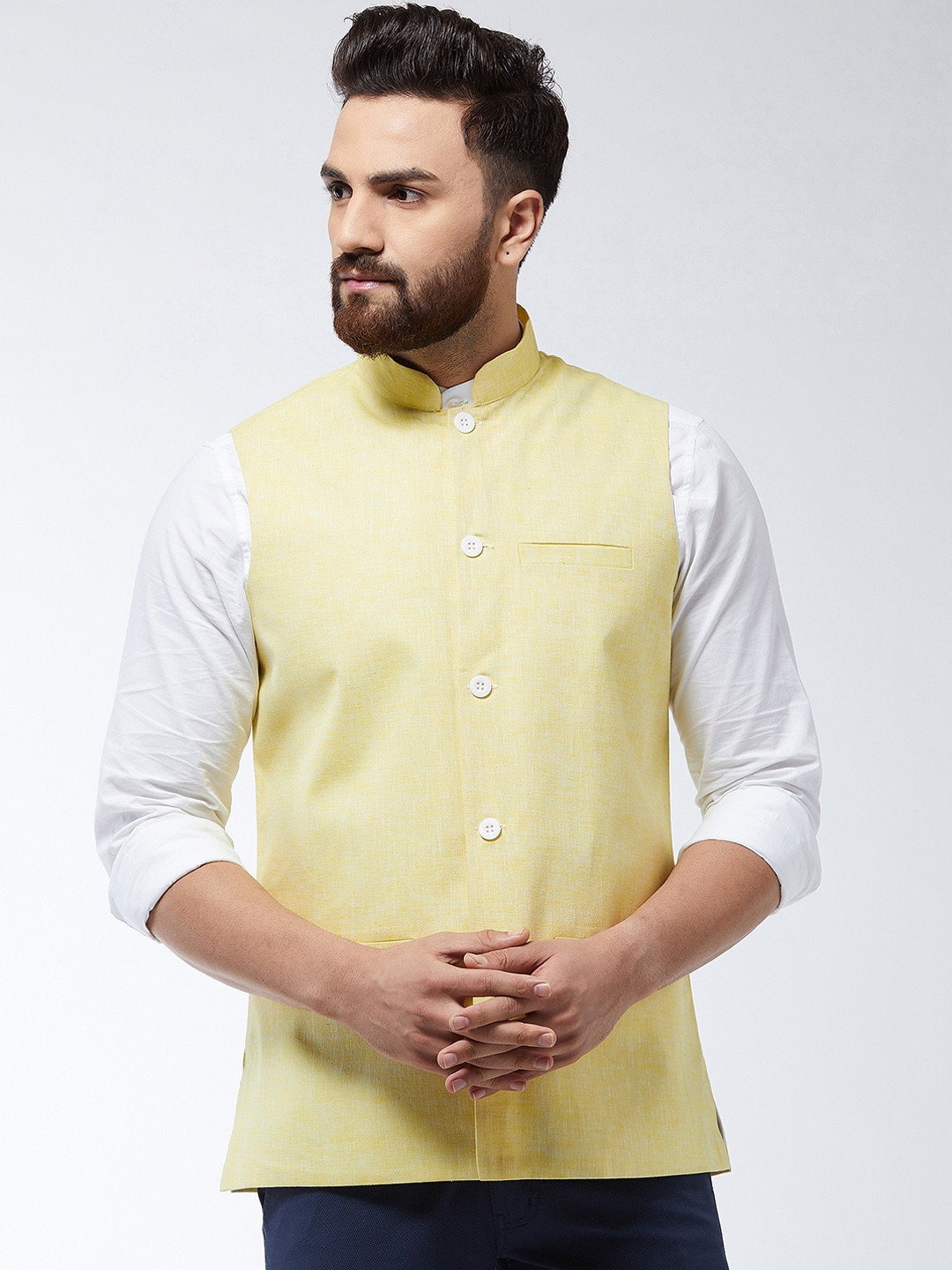 Yellow - Running Stitch Pure Cotton Men Nehru Jacket 18