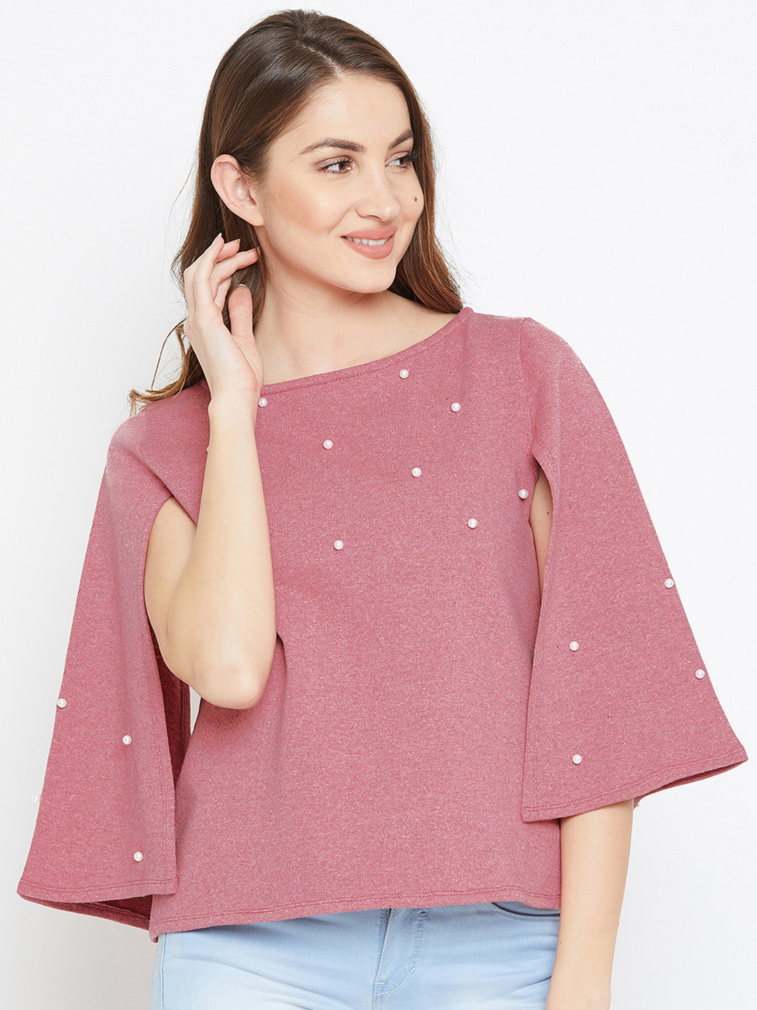 Buy Zastraa Women Peach Coloured Embellished Cape Pure Cotton Top