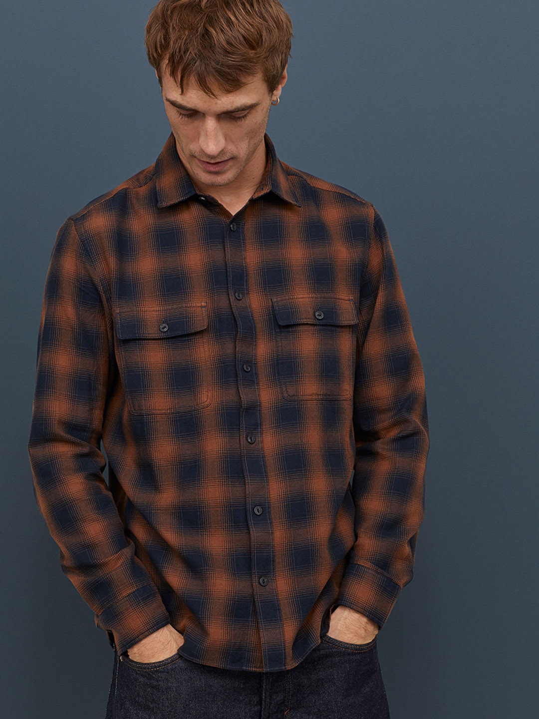 Buy H&M Men Brown & Black Cotton Shirt Regular Fit