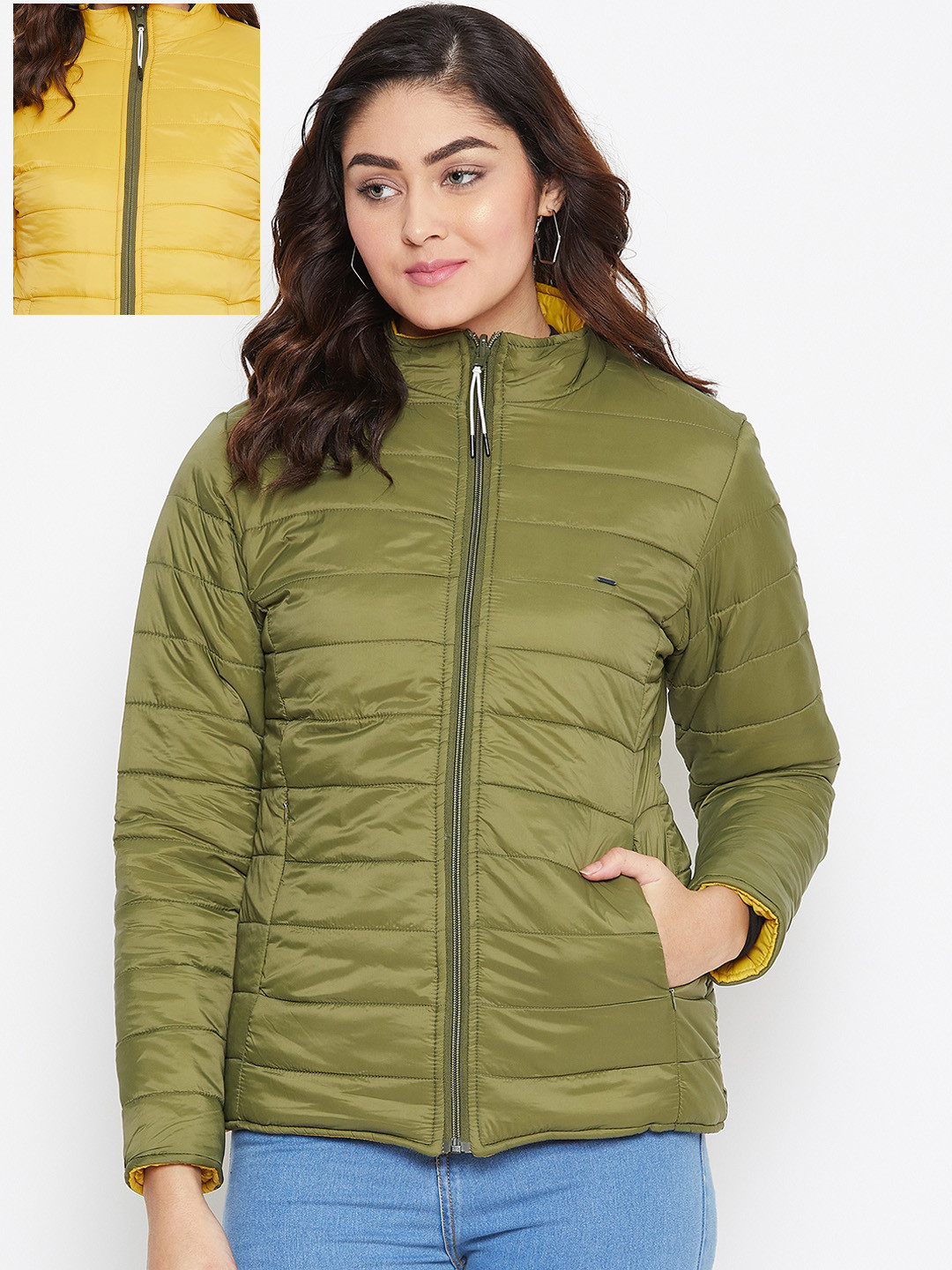 Buy Okane Women Olive Green Solid Reversible Puffer Jacket Jackets