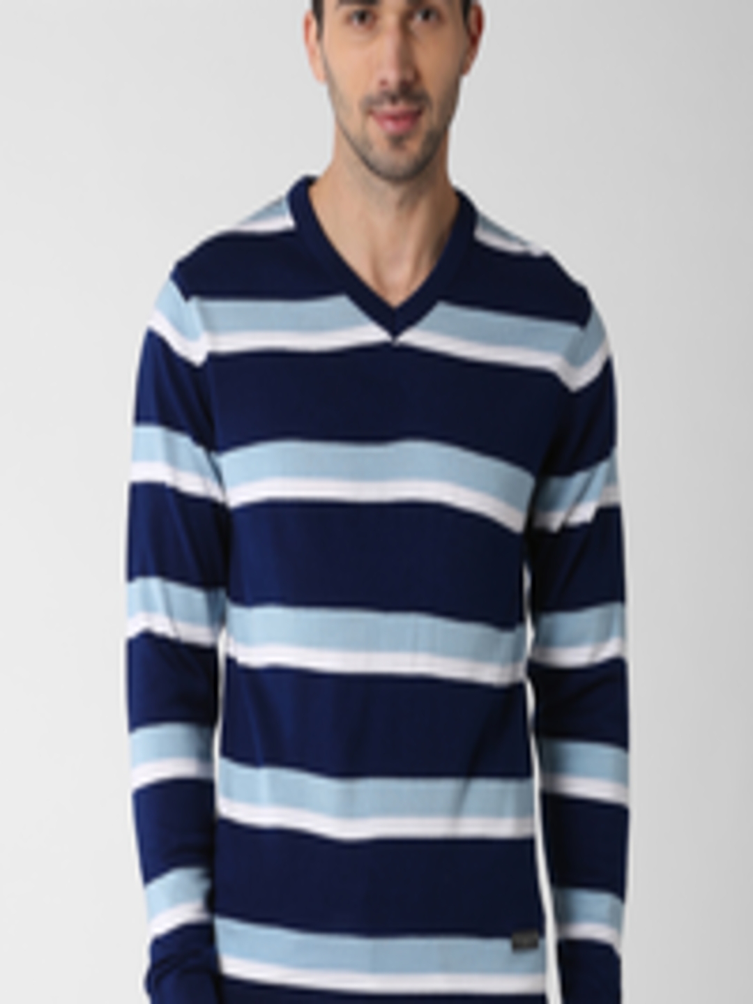 Buy Peter England Casuals Men Navy Blue & White Striped Pullover ...