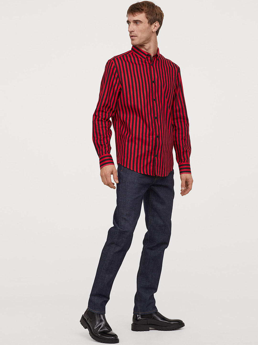 Red Black Plaid Shirt Men Social Slim Fit Casual Mens Long Sleeve Shirt Brushed Tartan Clothing 