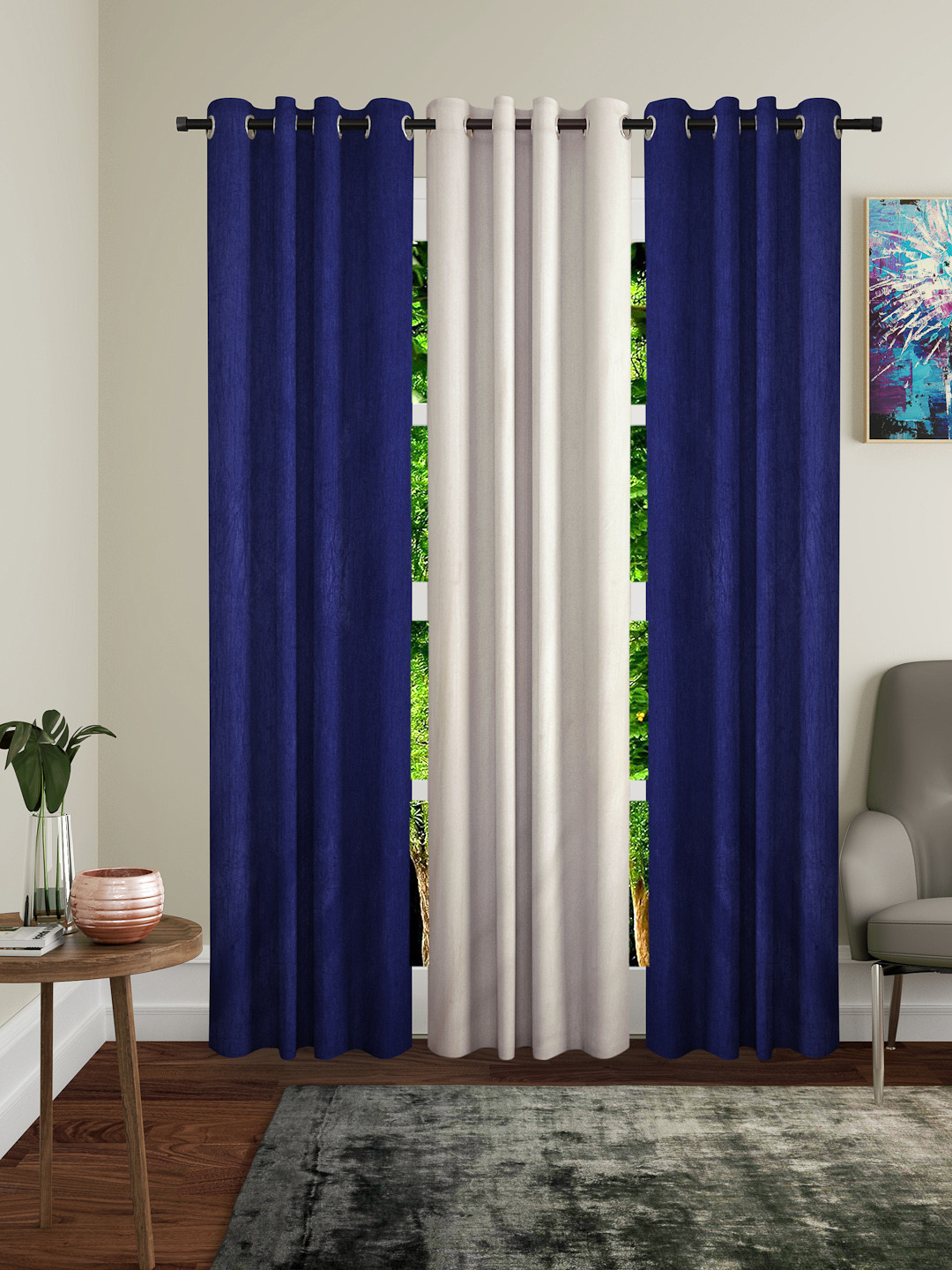 Buy Home Sizzler Navy Blue & Cream Coloured Set Of 3 Long Door Curtains