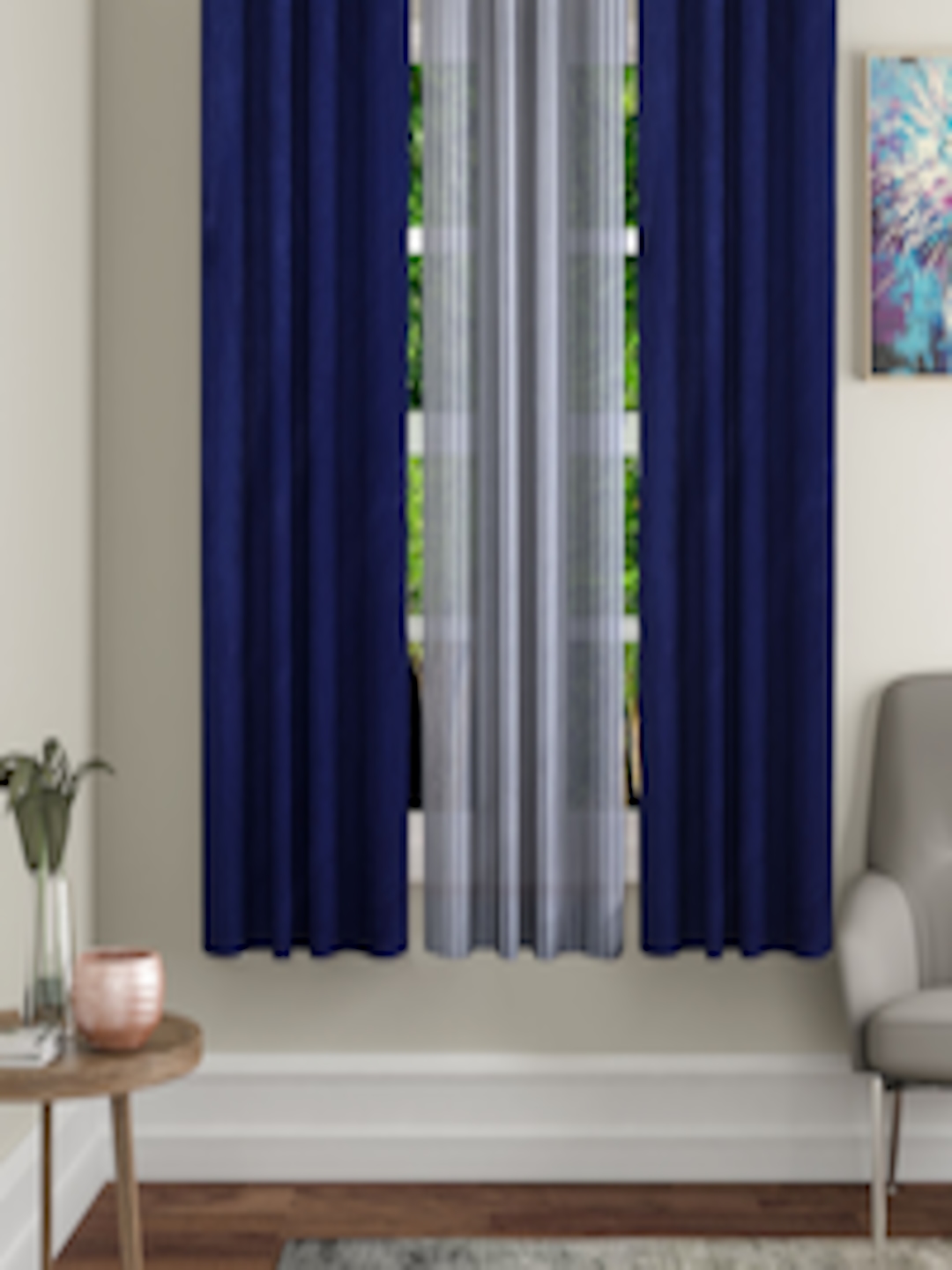 Buy Home Sizzler Navy Blue & White Set Of 3 Window Curtains Curtains And Sheers for Unisex