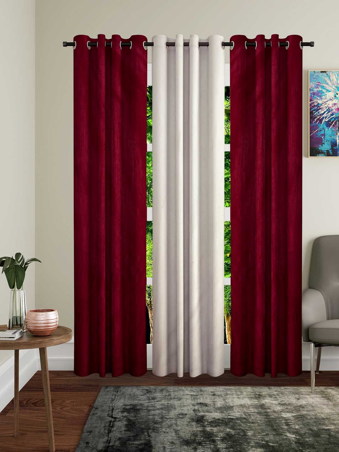 Buy Home Sizzler Maroon & Cream Coloured Set Of 3 Long Door Curtains