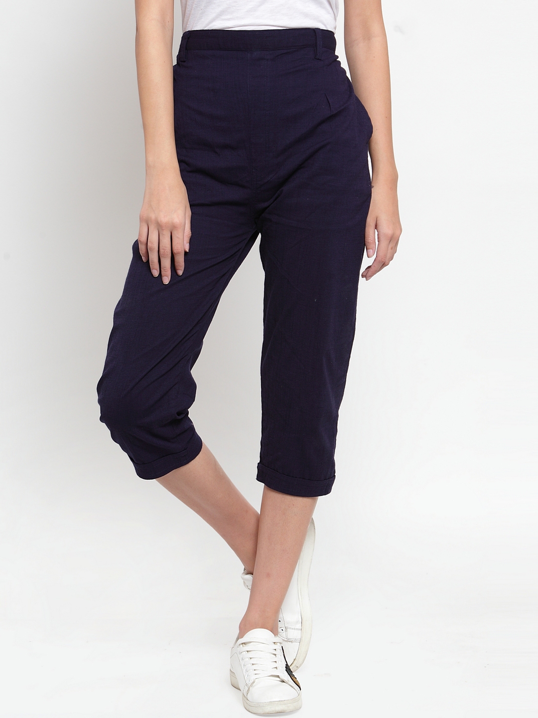 Buy Clora Creation Women Navy Blue Solid Regular Trousers - Trousers ...