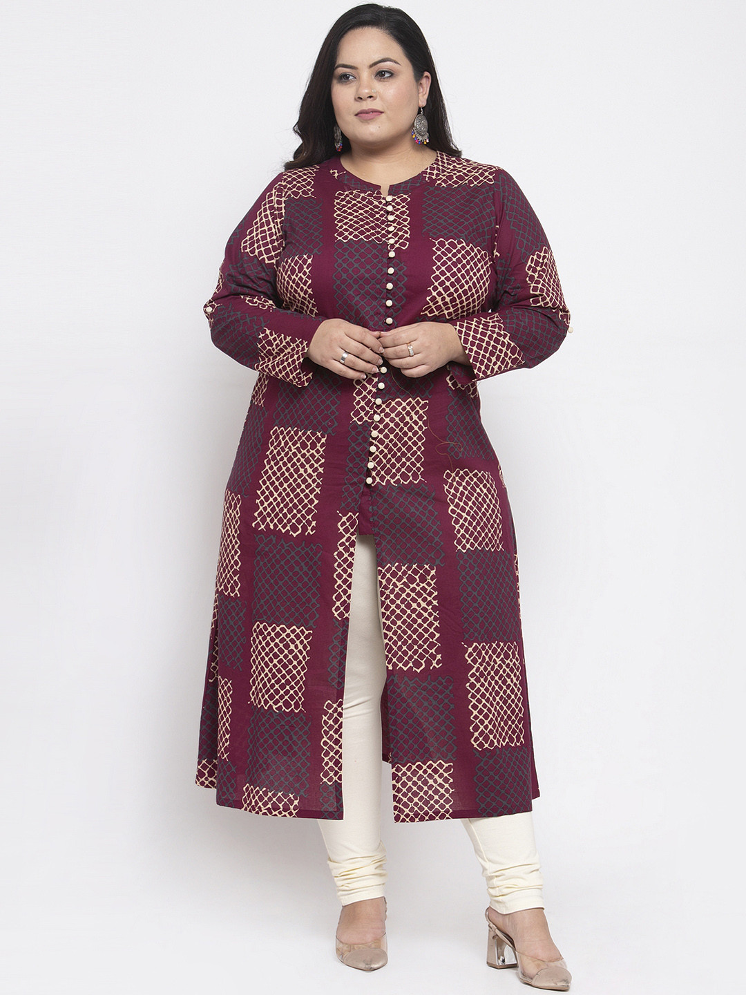 Women Purple Printed A-Line Kurta With Three Quarter Sleeves