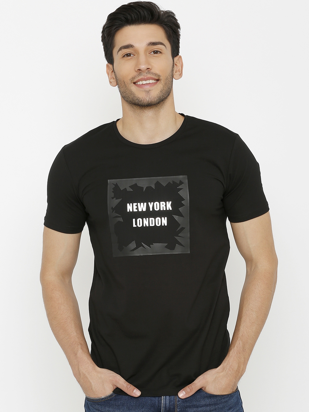 Buy Rex Straut Jeans Men Black Printed Round Neck T Shirt - Tshirts for ...