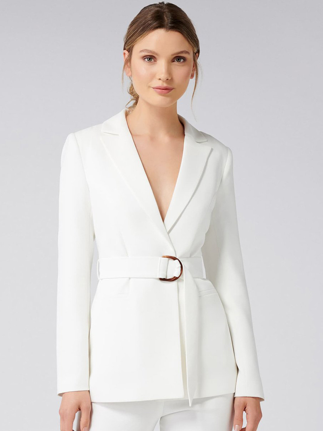 Women's White Single-Breasted Blazer with 3/4 Sleeve and Ruched Cuff