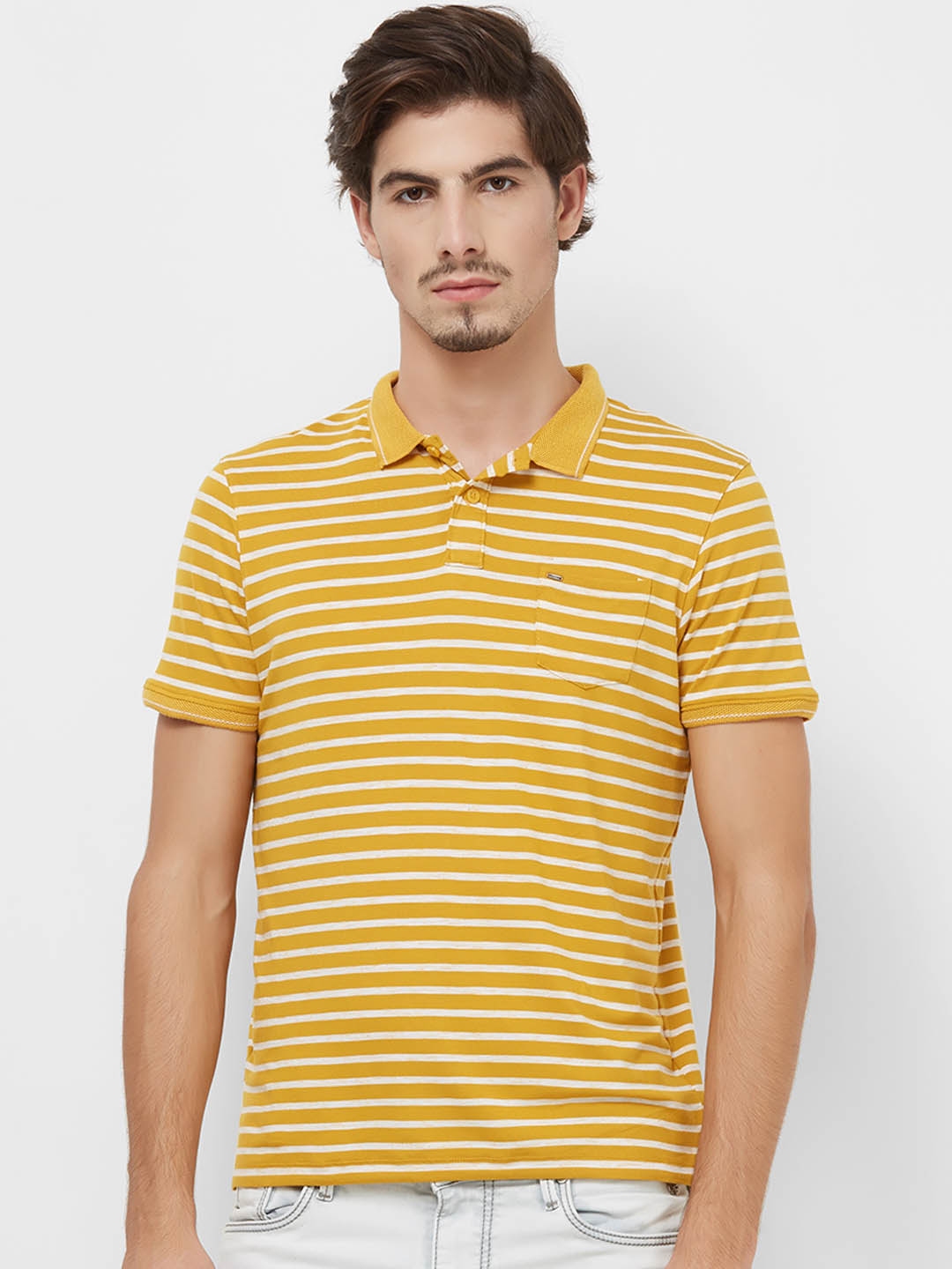 Buy Killer Men Mustard Yellow Striped Polo Collar T Shirt Tshirts for