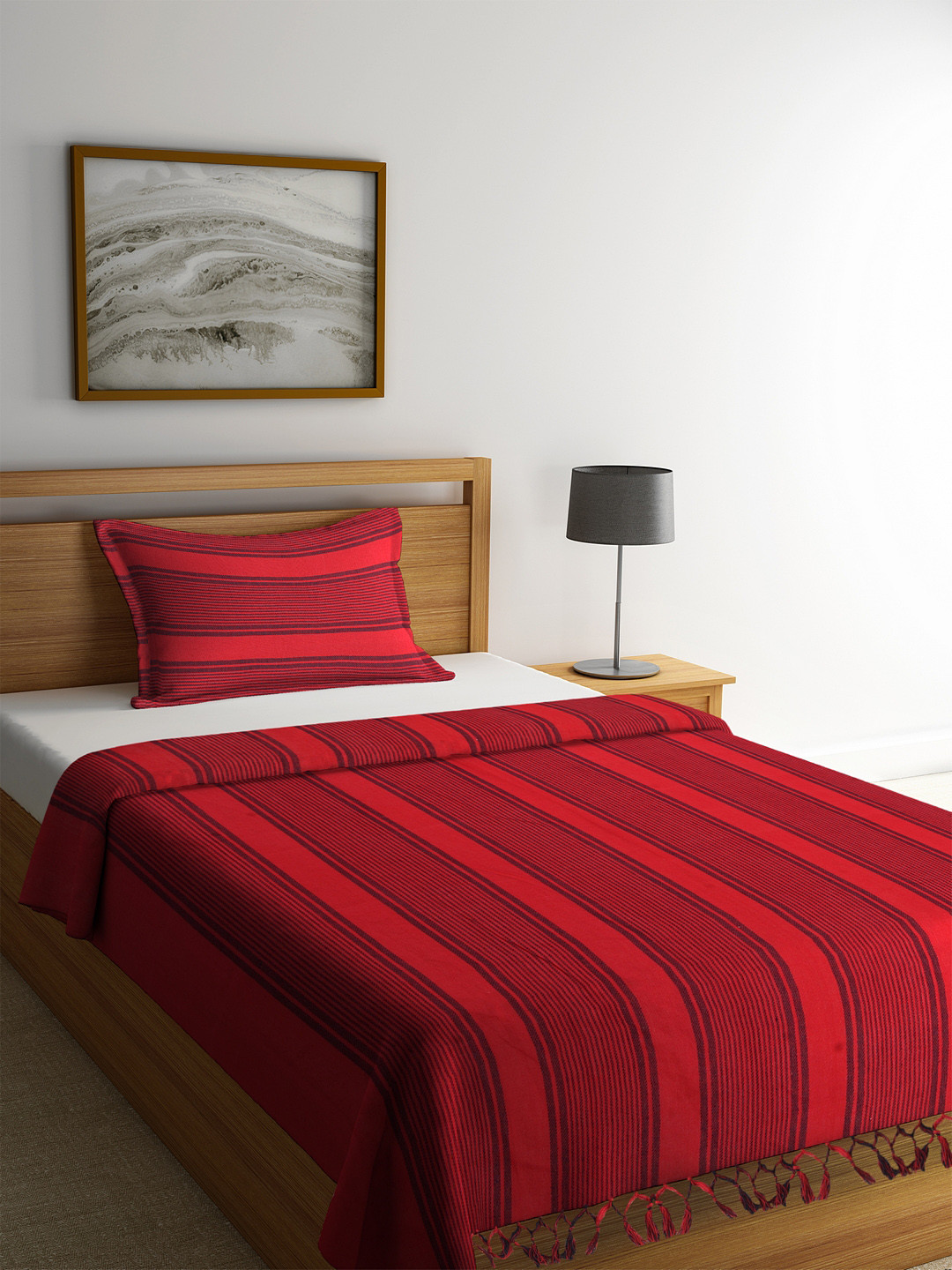 Buy NEUDIS Red & Black Striped Single Bed Cover With Pillow Cover Bed