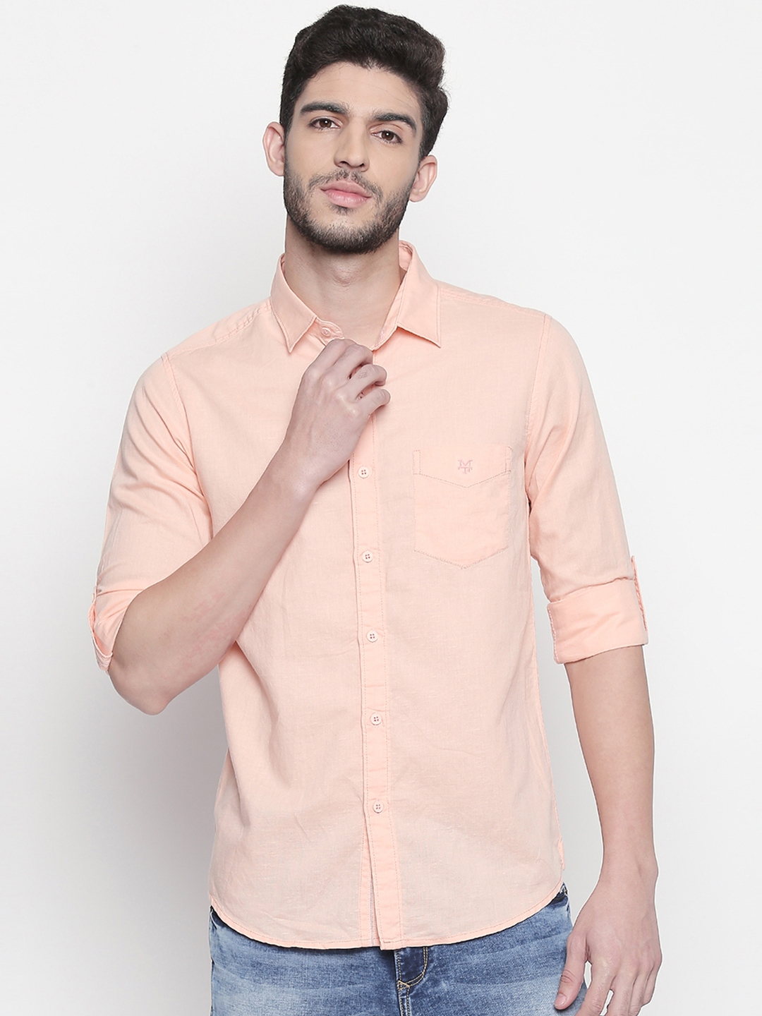 Buy Mufti Men Peach Coloured Solid Original Slim Fit Casual Shirt ...