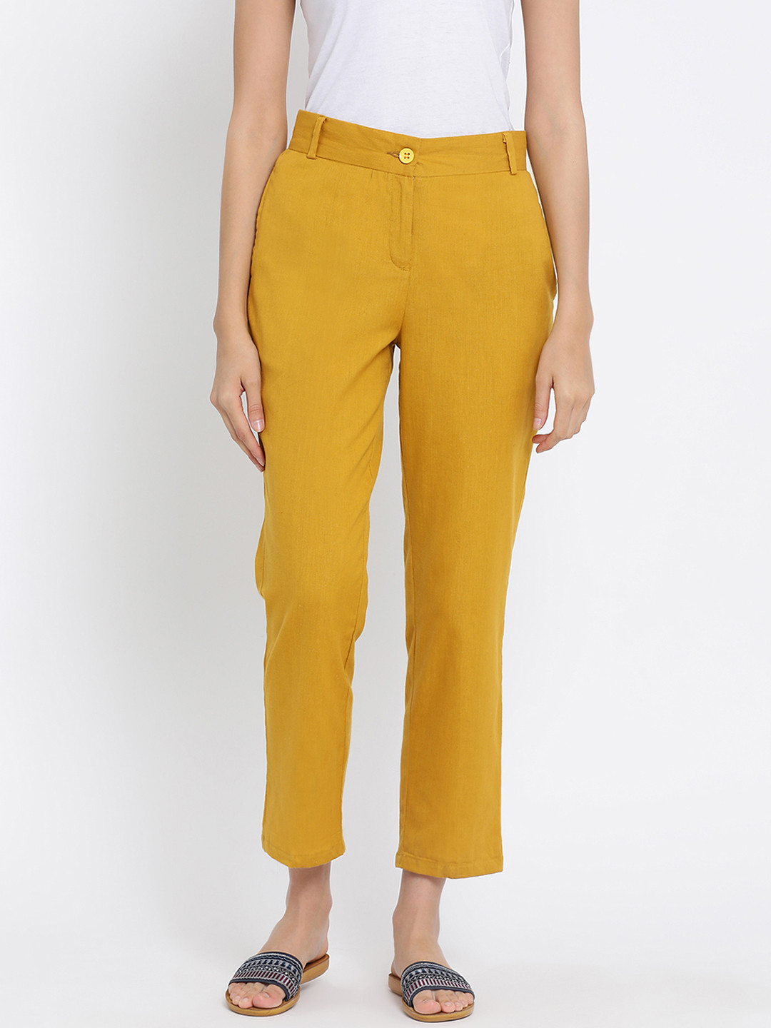 Buy Meee Women Mustard Yellow Regular Fit Solid Pure Linen Peg Trousers