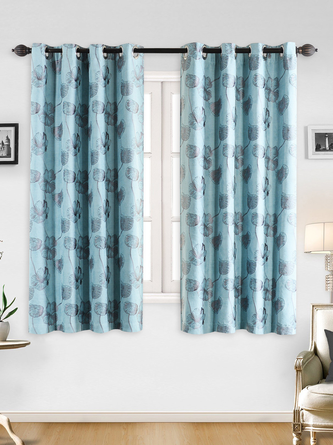 Buy Deco Window Turquoise Blue & Black Set Of 2 Curtains Curtains And