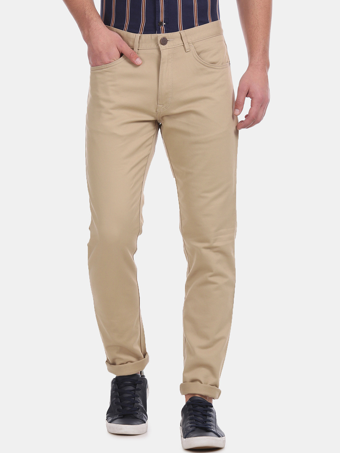 Buy U.S. Polo Assn. Men Beige Slim Fit Solid Regular Trousers