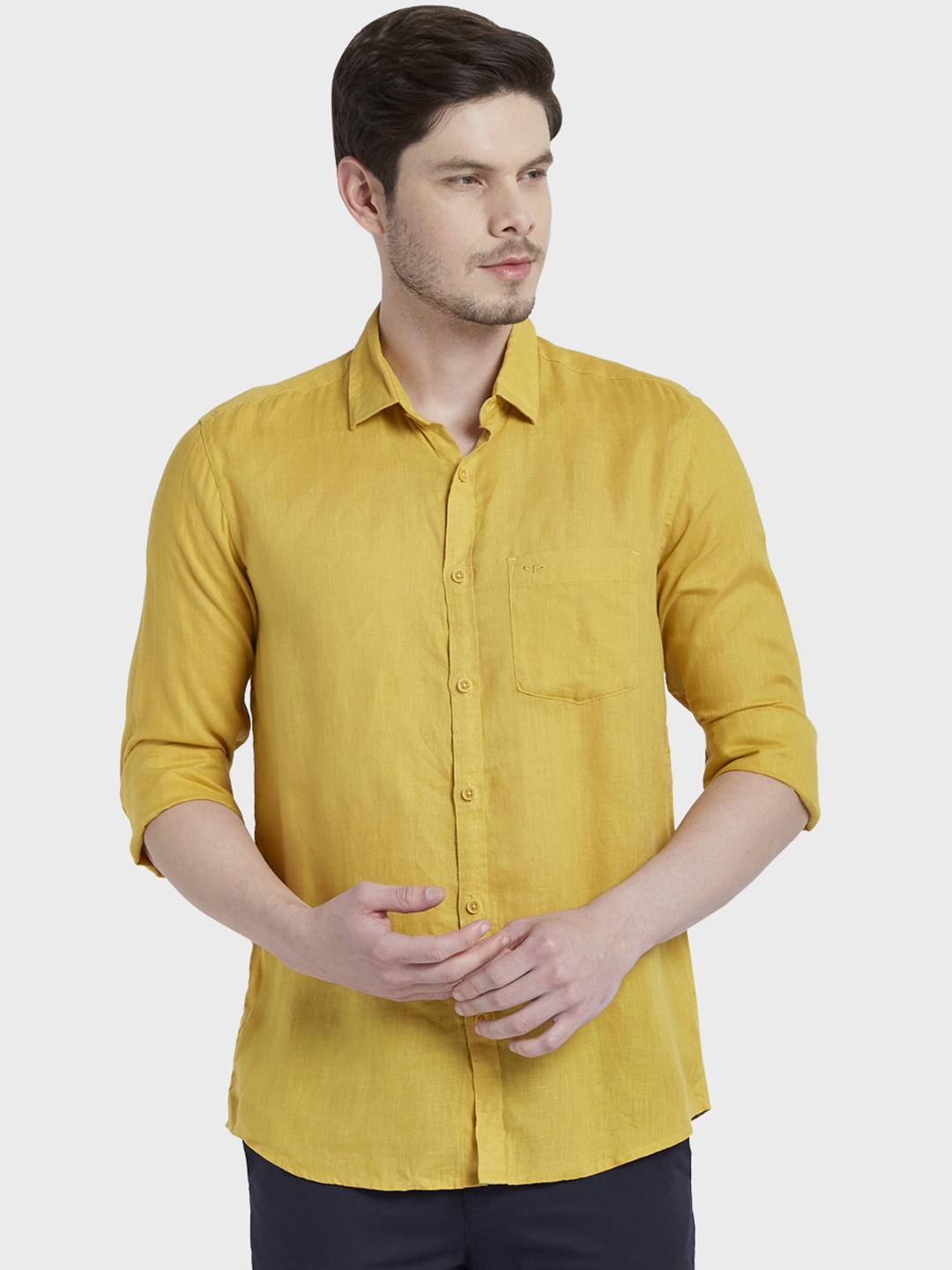 Buy ColorPlus Men Mustard Yellow Tailored Fit Solid Casual Linen Shirt ...