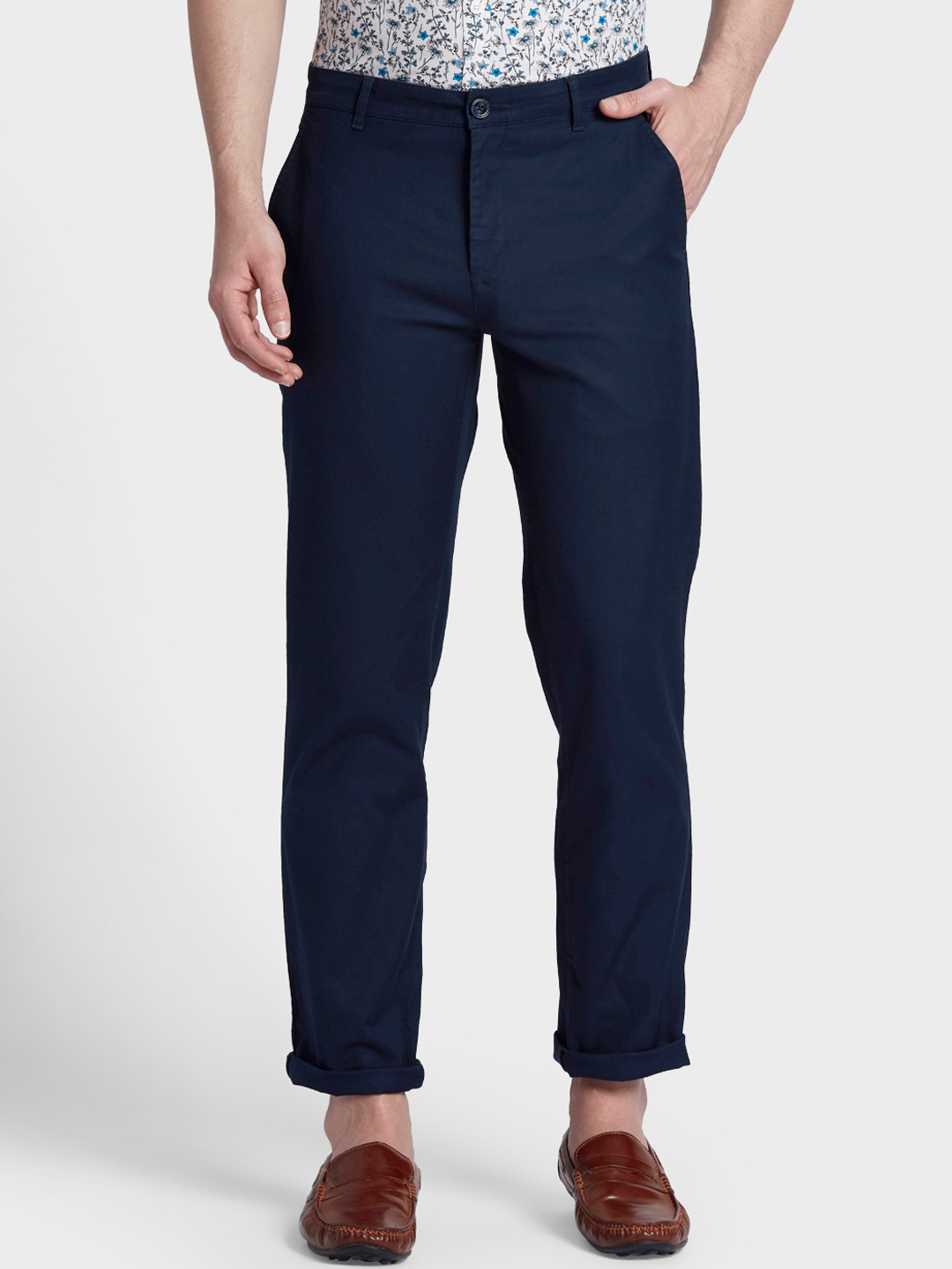 Buy ColorPlus Men Navy Blue Tapered Fit Solid Regular Trousers ...