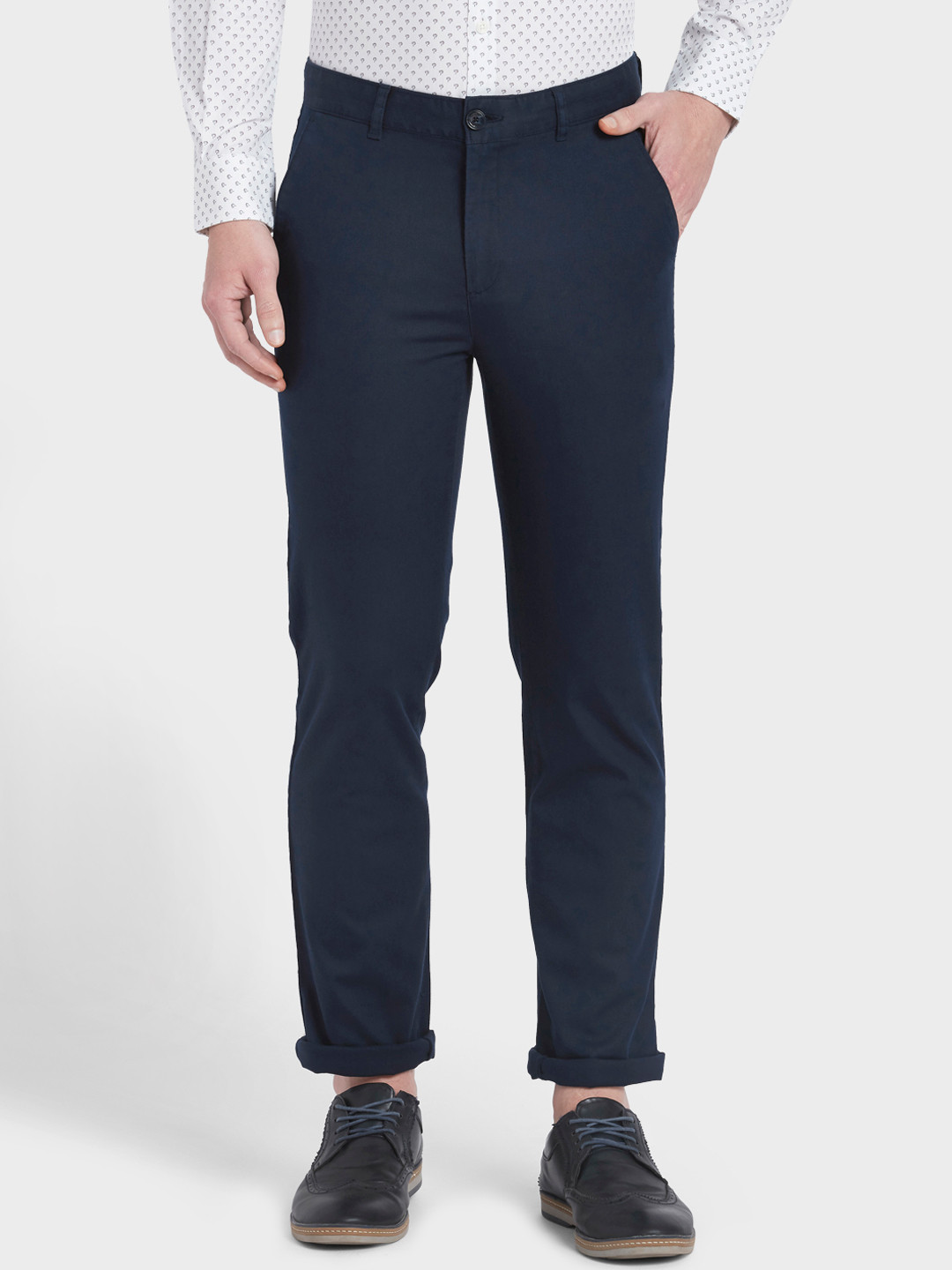 Buy ColorPlus Men Navy Blue Tapered Fit Solid Regular Trousers ...