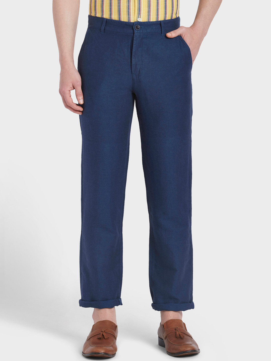 Buy ColorPlus Men Blue Tapered Fit Solid Regular Trousers - Trousers ...