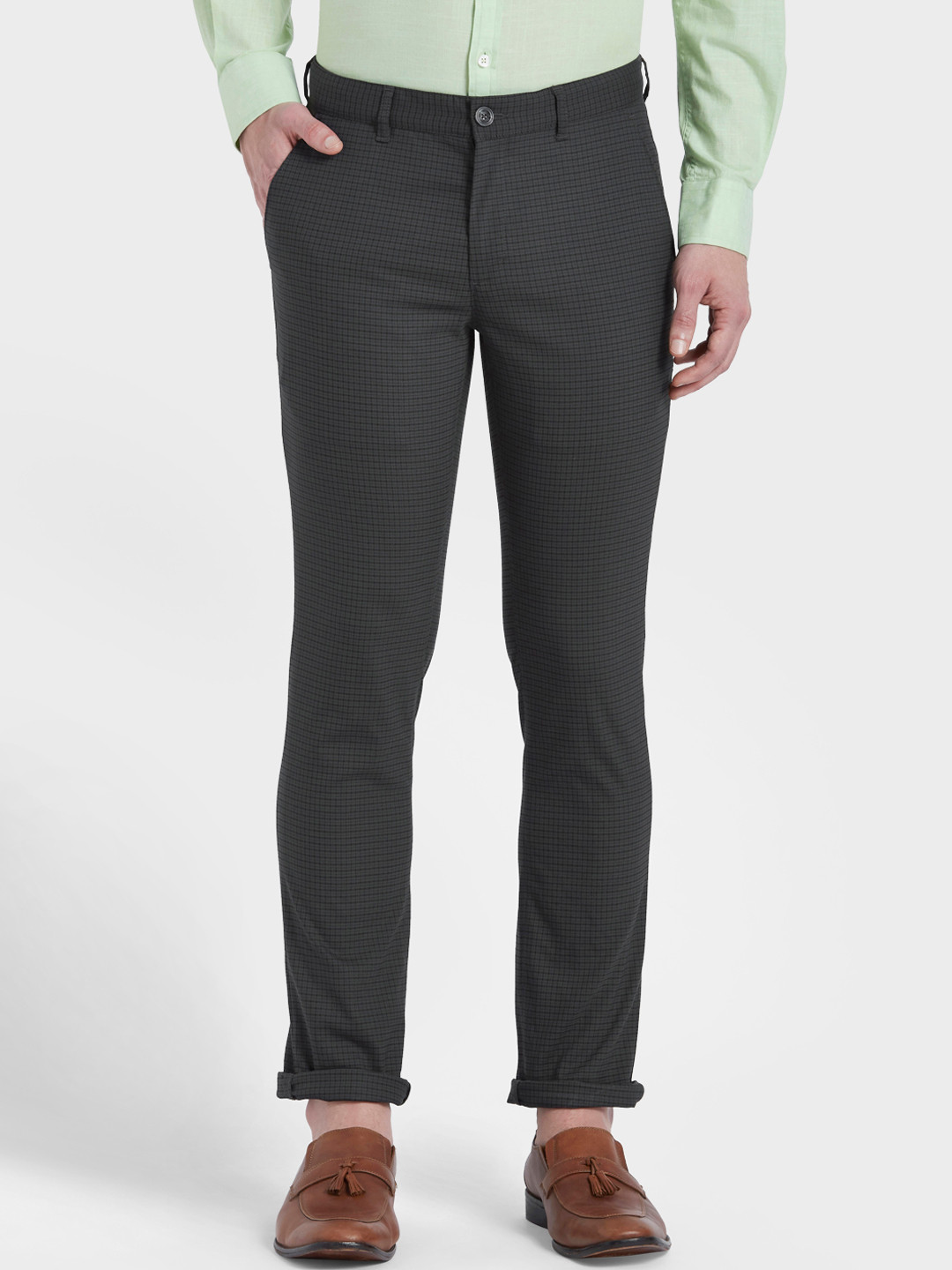 Buy ColorPlus Men Grey Regular Fit Checked Regular Trousers - Trousers ...