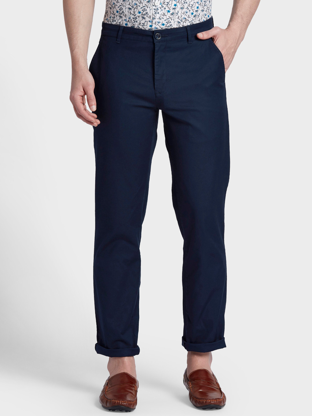 Buy ColorPlus Men Navy Blue Tapered Fit Solid Regular Trousers ...