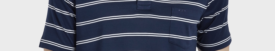Buy ColorPlus Men Navy Blue & White Striped Polo Collar T Shirt ...