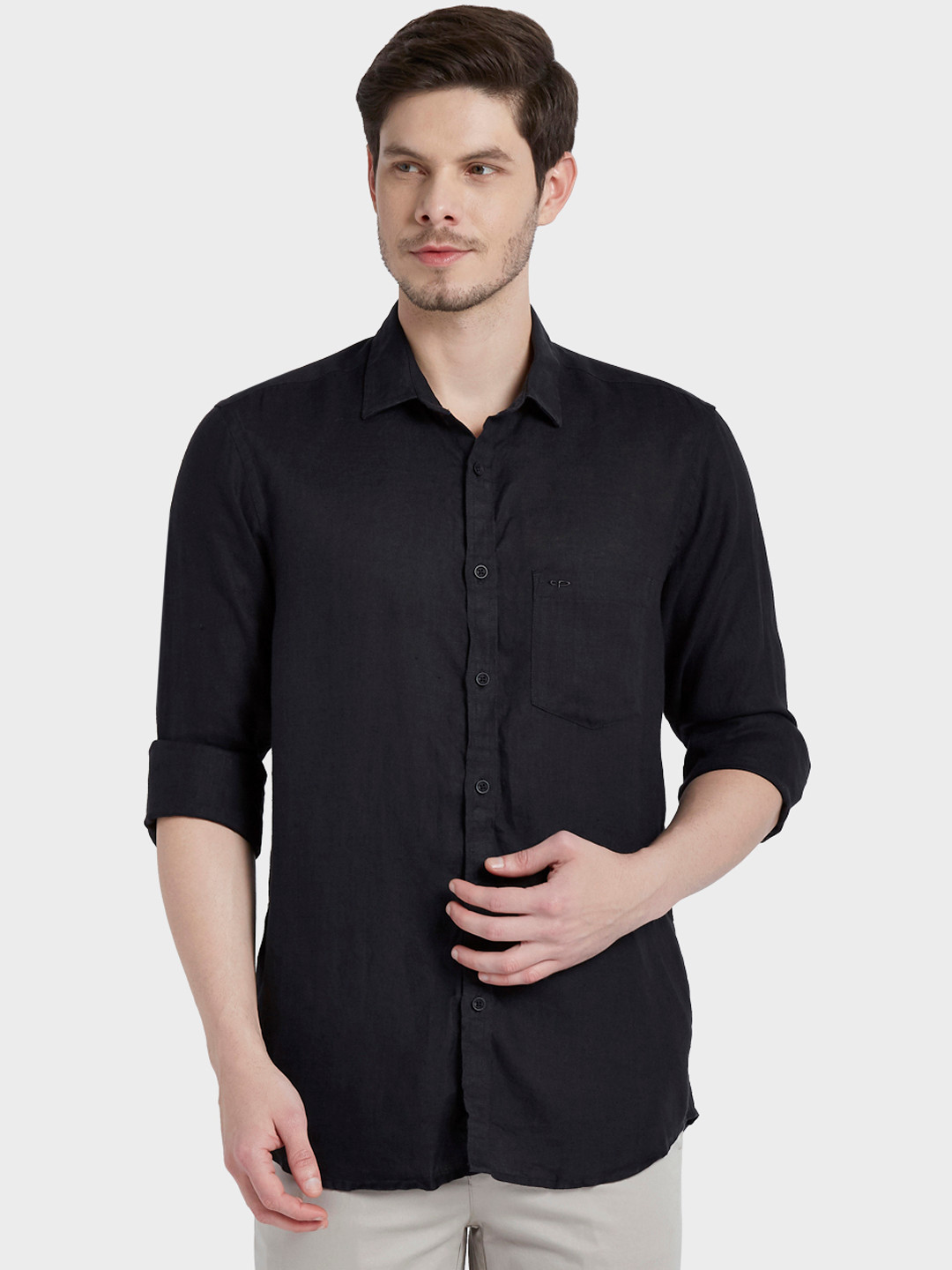 Buy ColorPlus Men Black Tailored Fit Solid Casual Linen Shirt Shirts