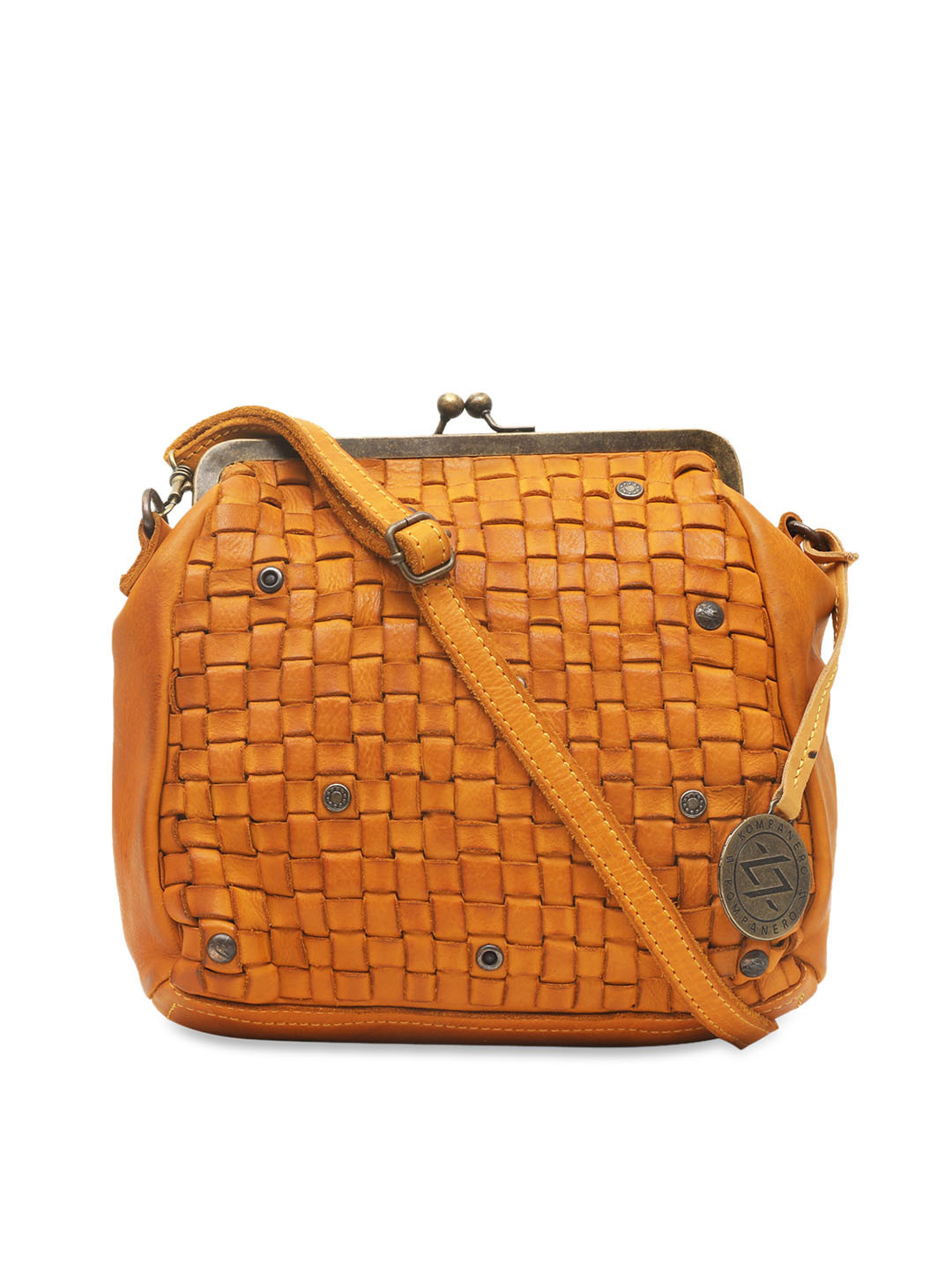 Buy KOMPANERO Mustard Yellow Self Design Genuine Leather Sling Bag