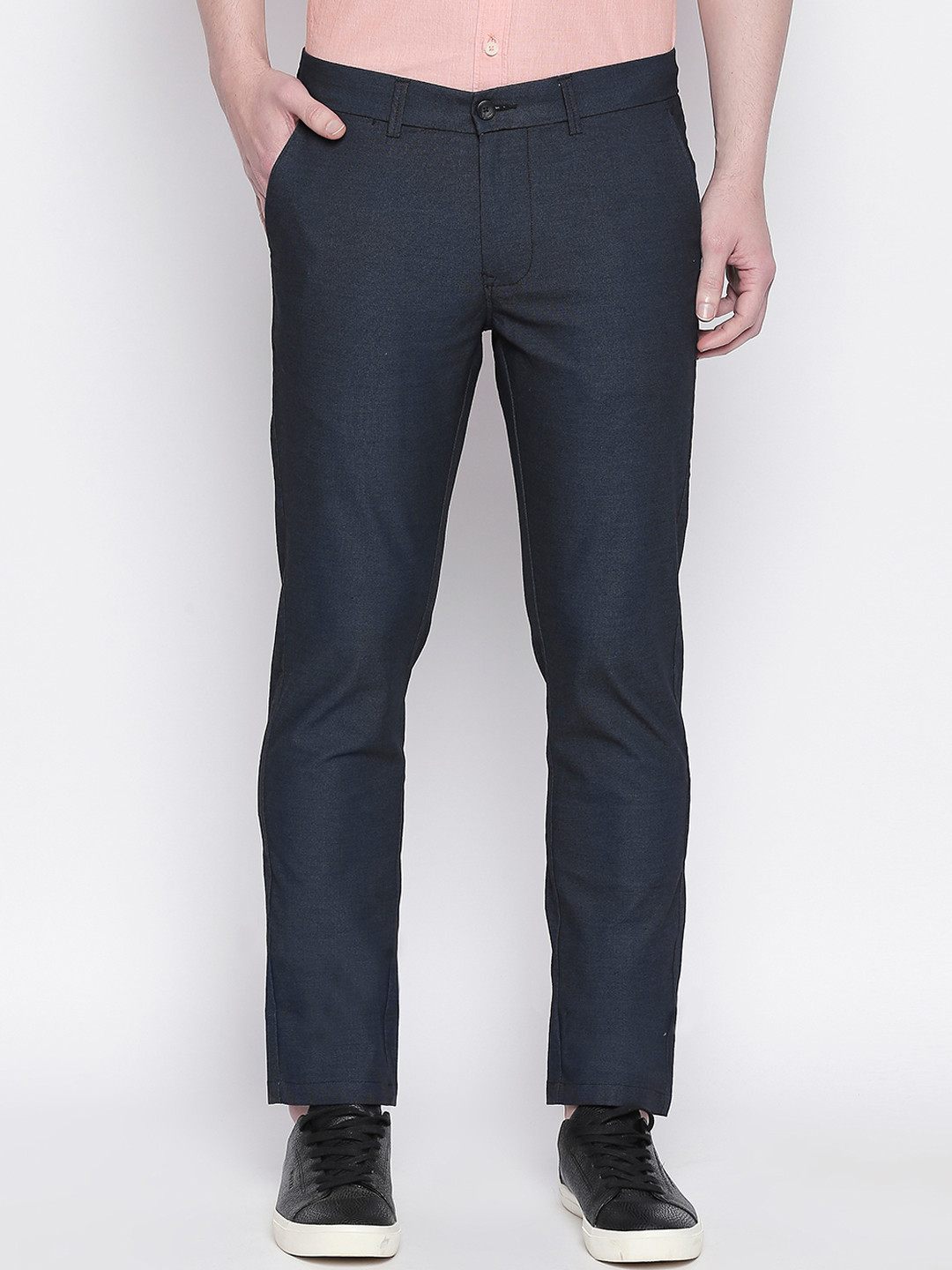 Buy Basics Men Navy Blue Tapered Fit Self Design Regular Trousers - Trousers for Men 11395526 
