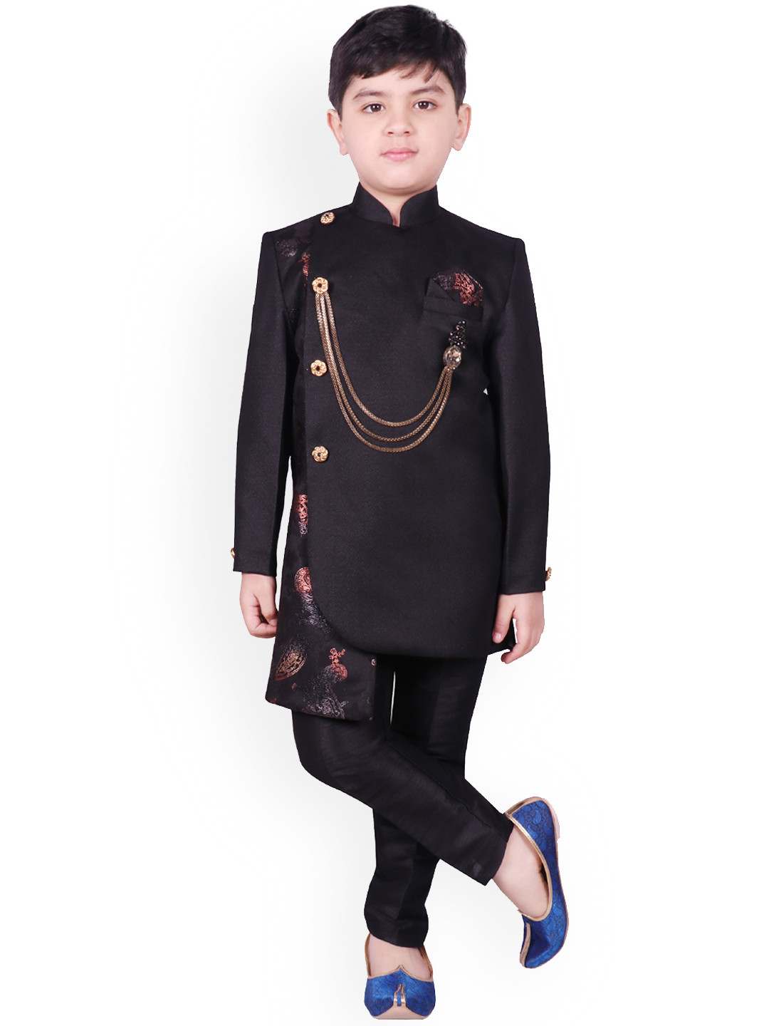 Boy Nawabi Sherwani Kurta Set-Black