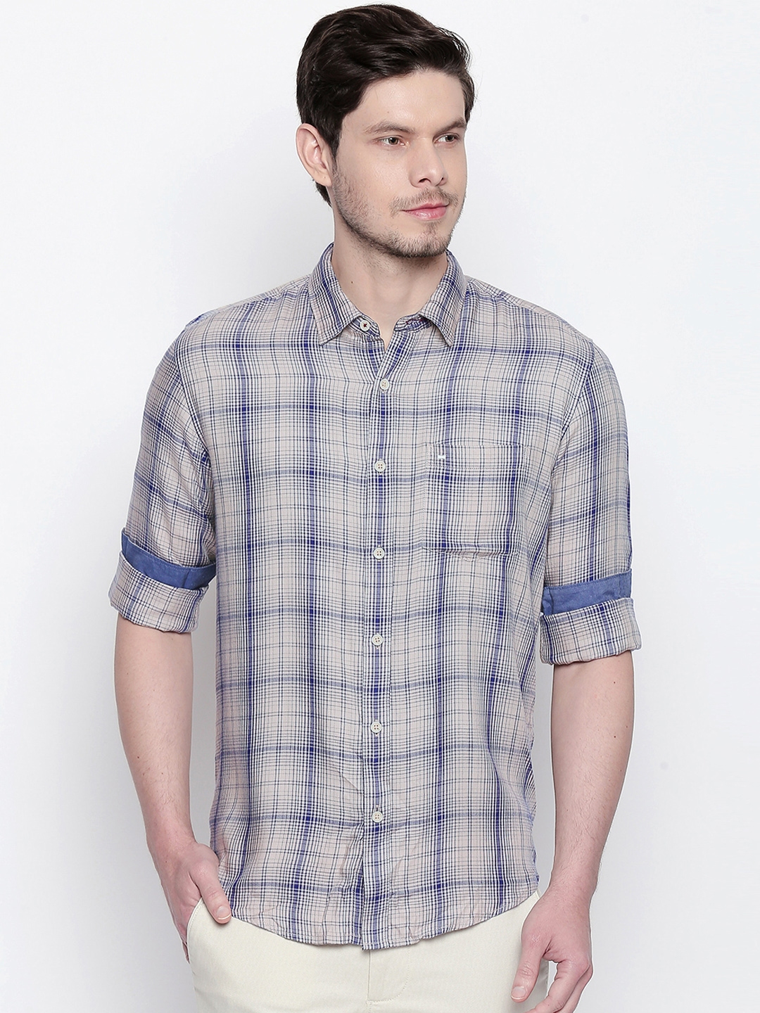 Buy Basics Men Khaki & Navy Blue Slim Fit Checked Casual Shirt - Shirts ...