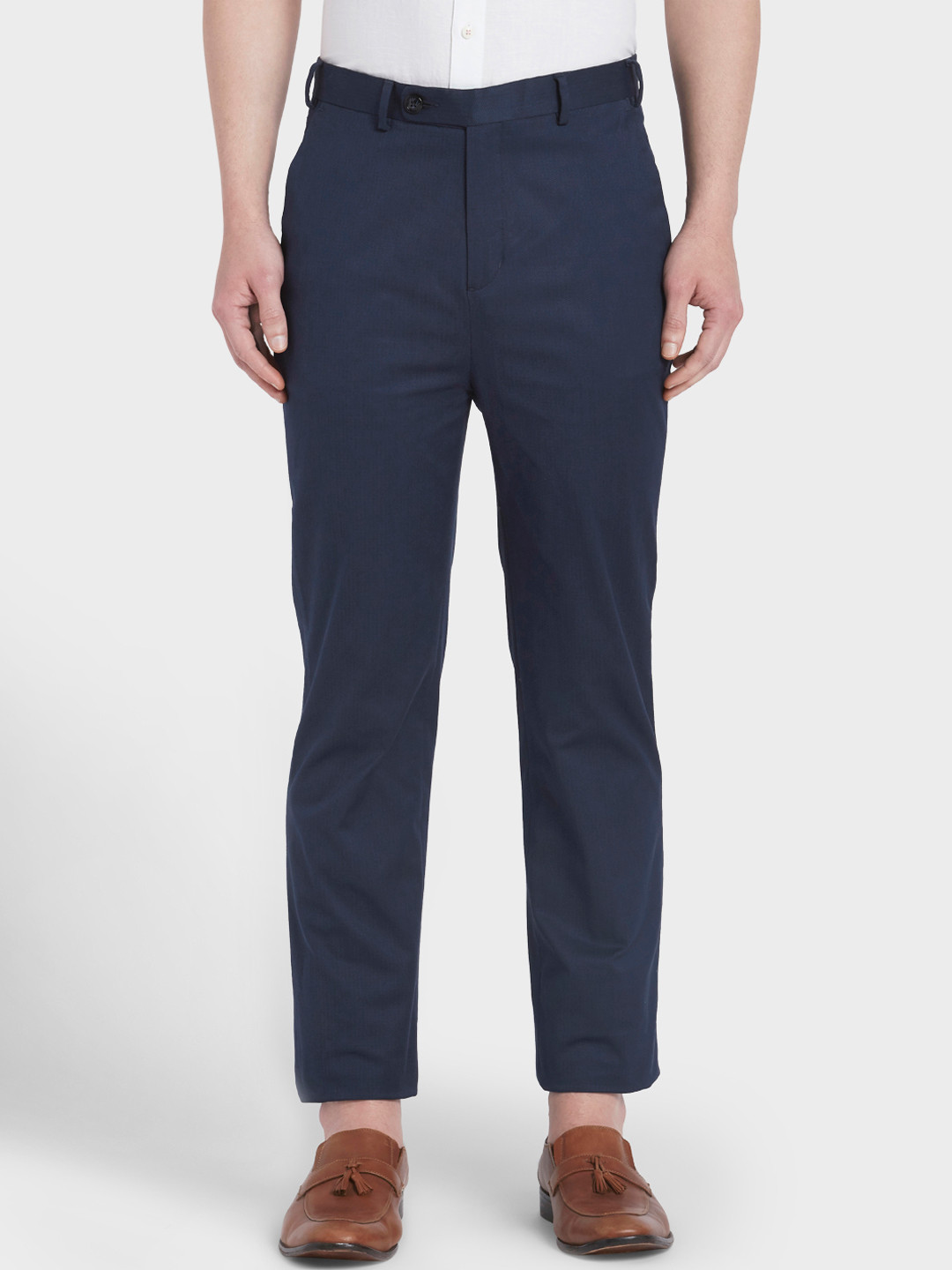 Buy ColorPlus Men Navy Blue Tapered Fit Solid Regular Trousers ...