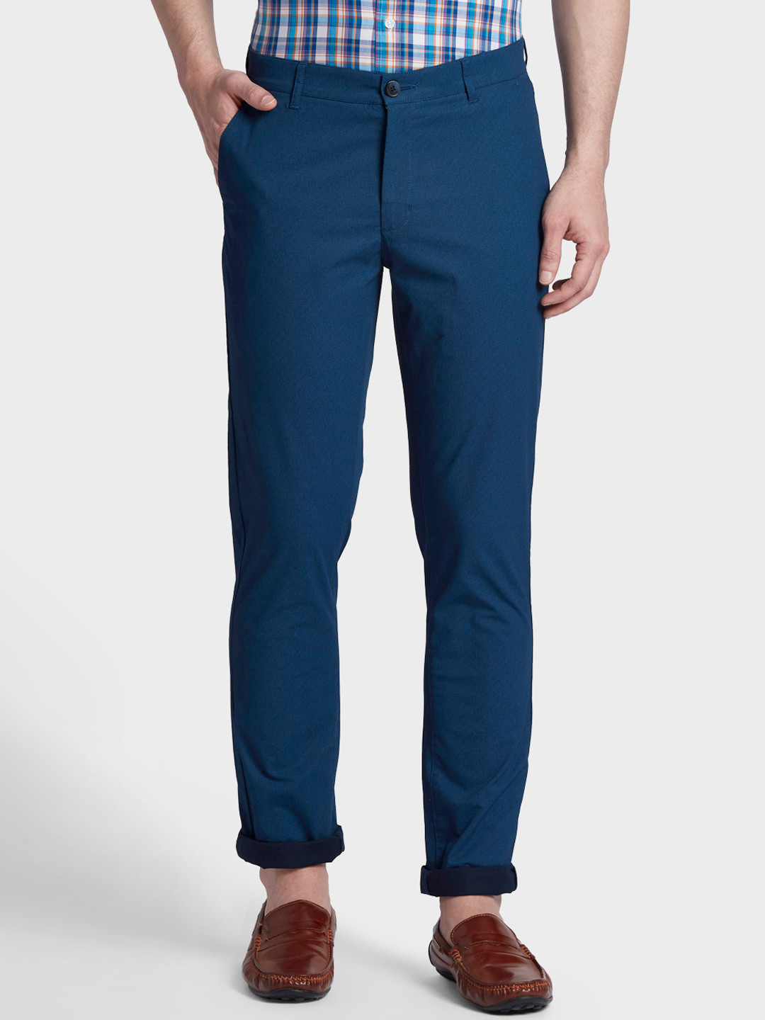 Buy ColorPlus Men Blue Regular Fit Solid Chinos - Trousers for Men ...