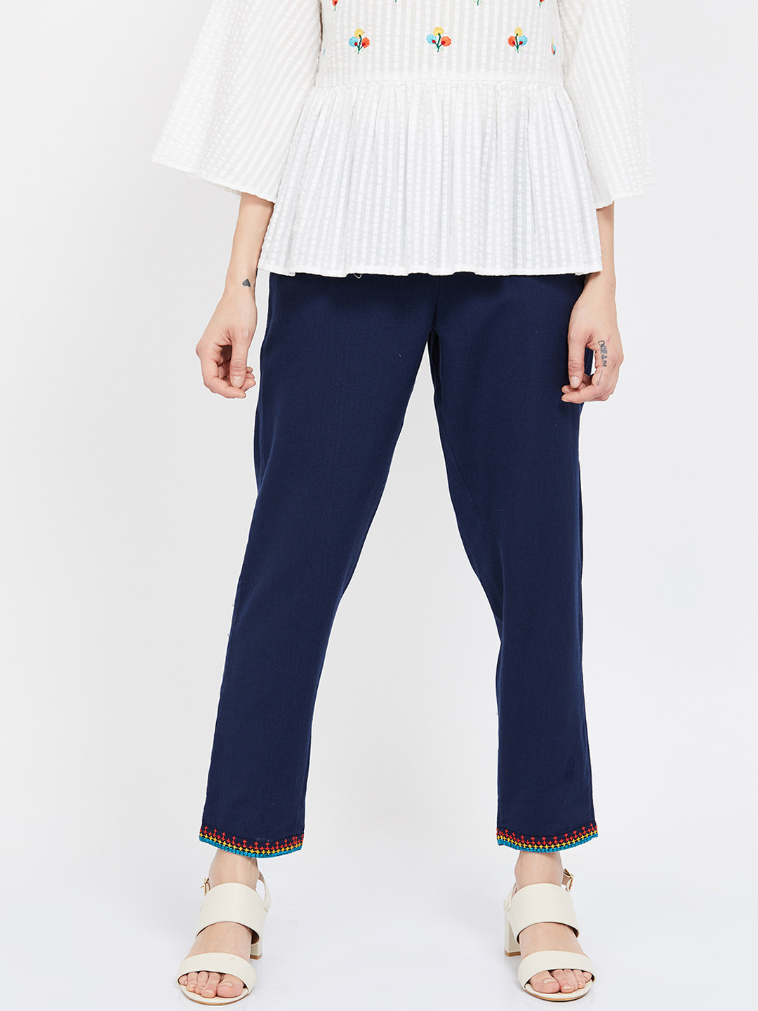 Buy Melange By Lifestyle Women Navy Blue Slim Fit Solid Peg Trousers