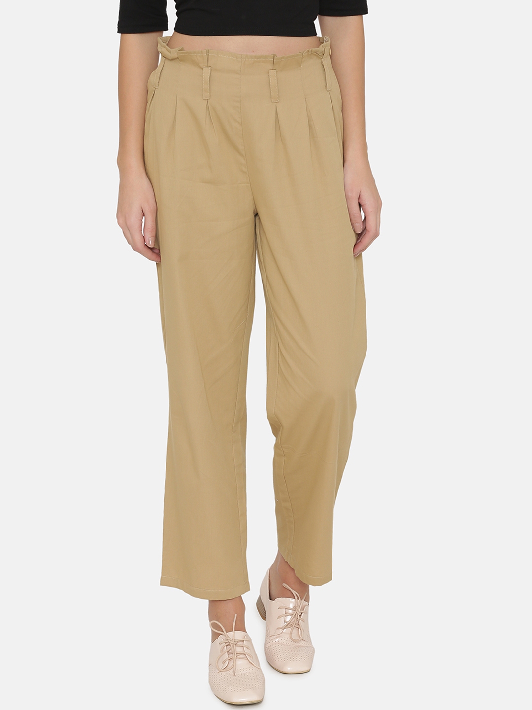 Buy Yaadleen Women Khaki Smart Straight Fit Solid Peg Trousers ...