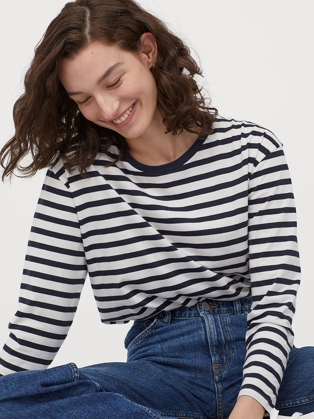 Buy H&M Women Navy Blue & White Striped Long Sleeved Jersey Pure Cotton