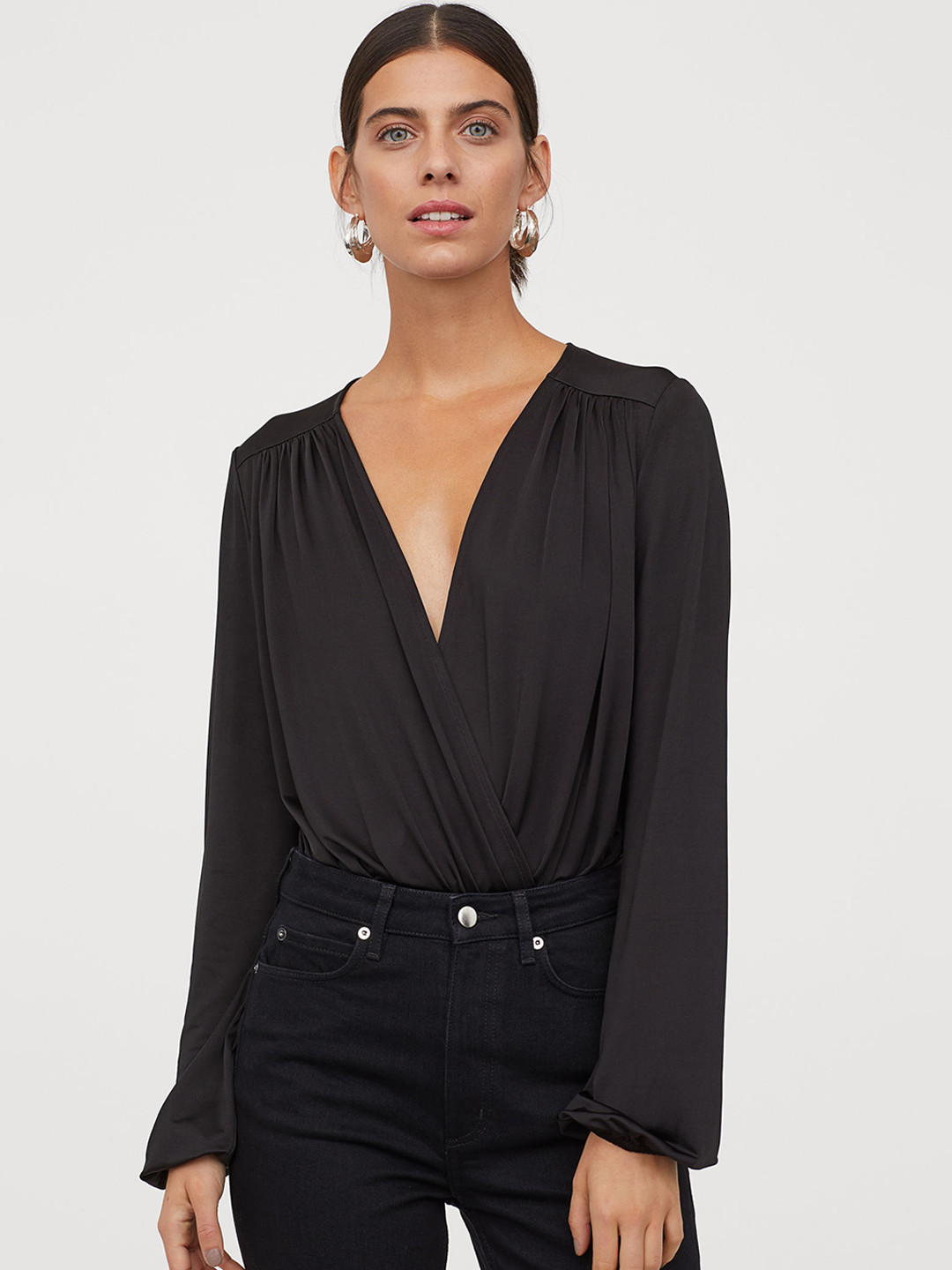 Buy H&M Women Black Solid Draped Wrapover Body Bodysuit for Women