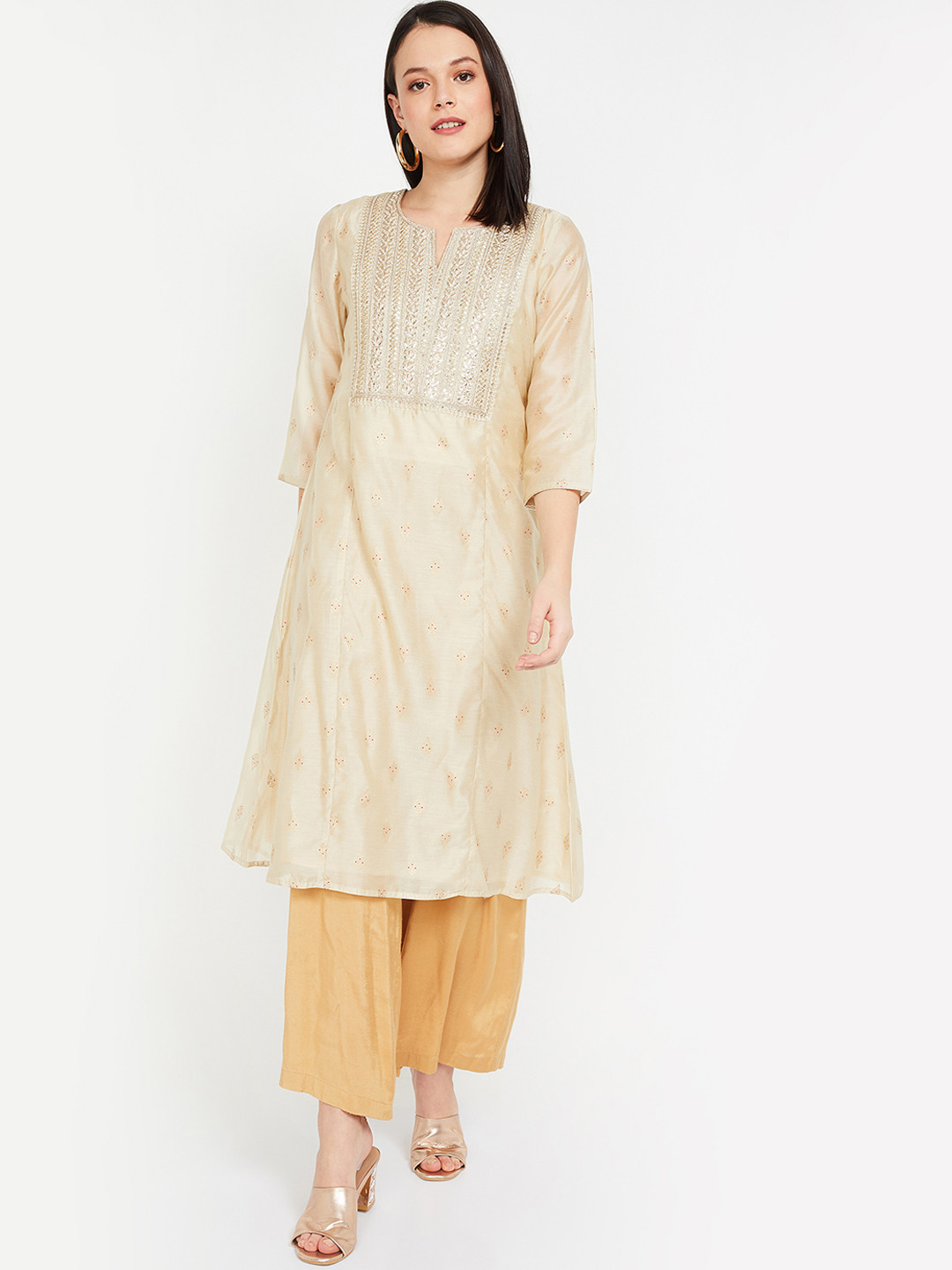 Buy Melange By Lifestyle Women Beige & Gold Coloured Embroidered A Line Kurta Kurtas for Women