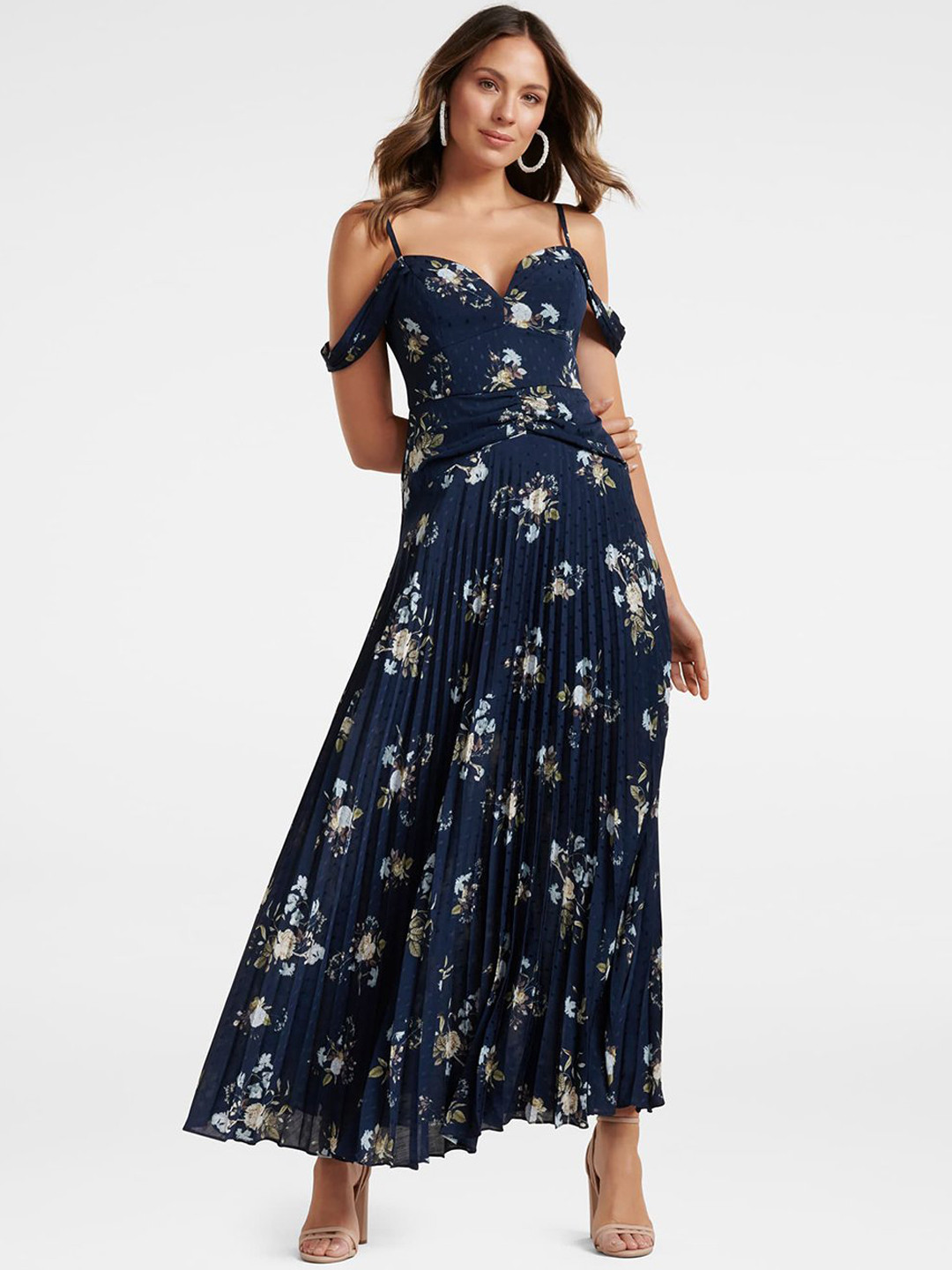 Buy Forever New Women Blue Accordion Pleated Printed Maxi Dress