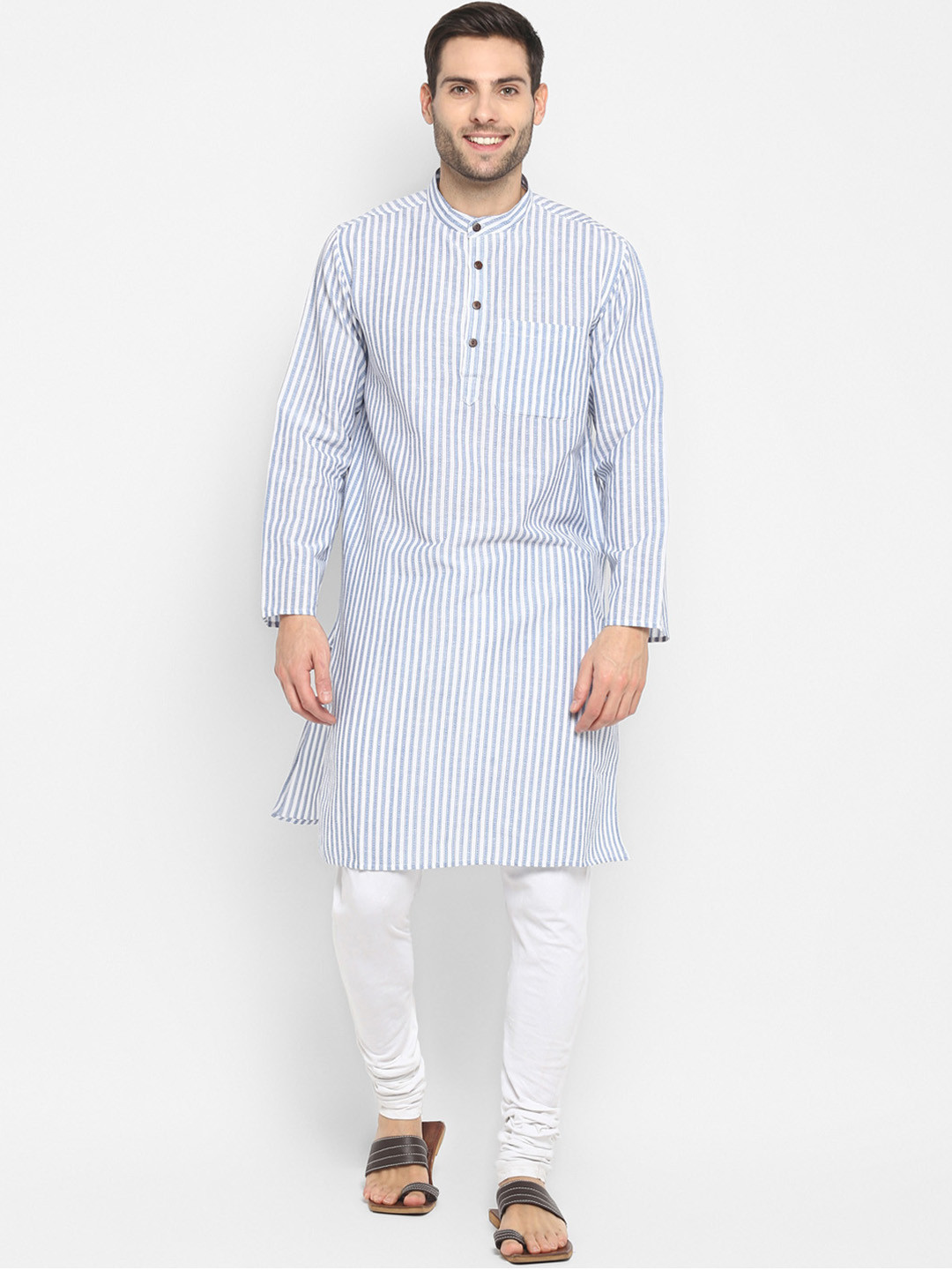 Buy Abhiyuthan Men White & Blue Striped Straight Kurta Kurtas for Men 11277616 Myntra