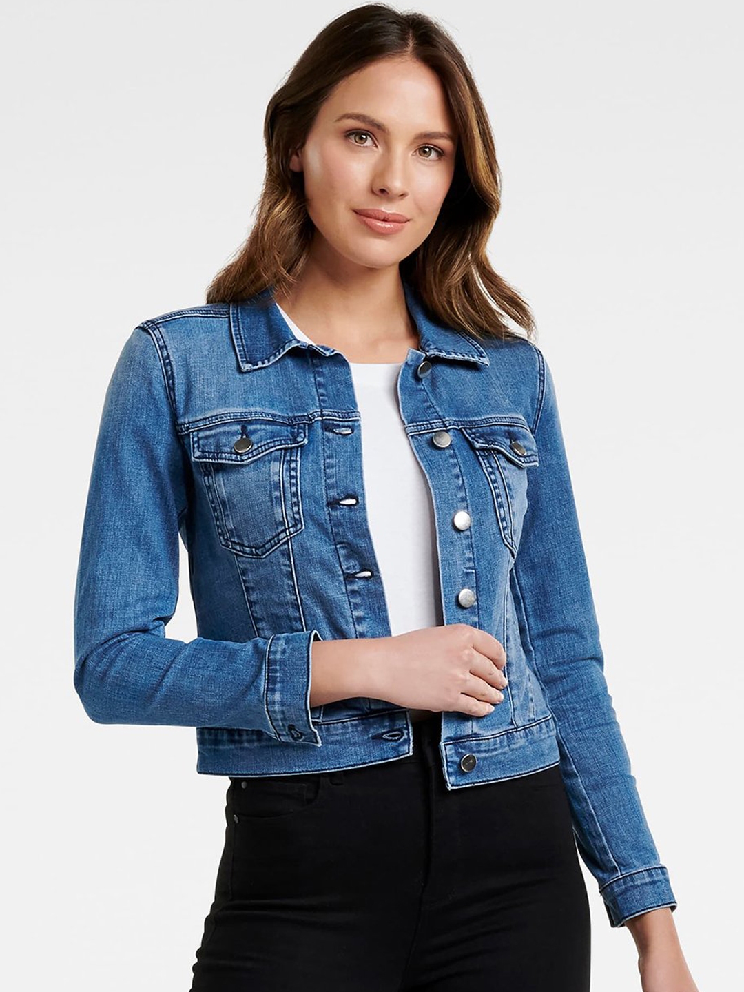 Buy Forever New Women Blue Solid Denim Jacket - Jackets for Women ...