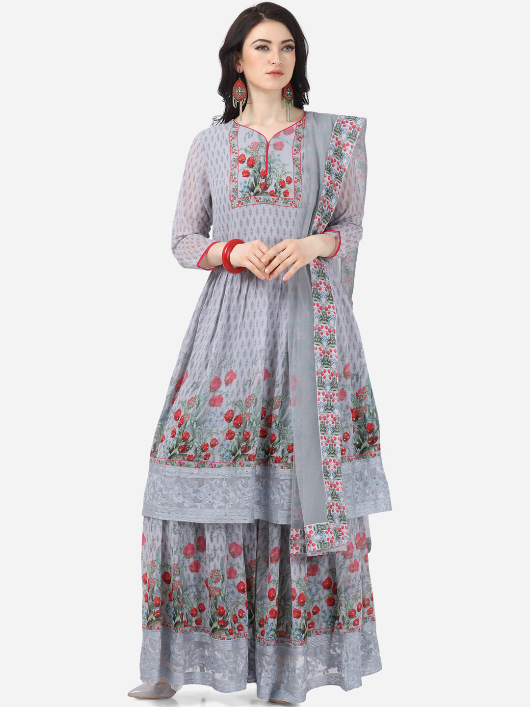 Buy DIVASTRI Grey & Red Poly Semi Stitched Dress Material