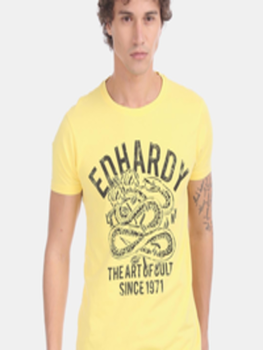 Buy Ed Hardy Men Yellow Black Printed Round Neck Pure Cotton T Shirt ...