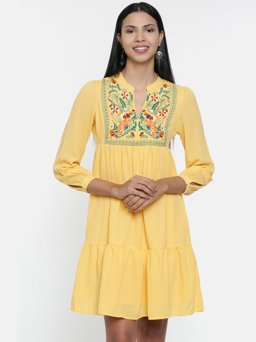 Buy Chumbak Women Yellow Floral Printed A Line Dress Dresses for